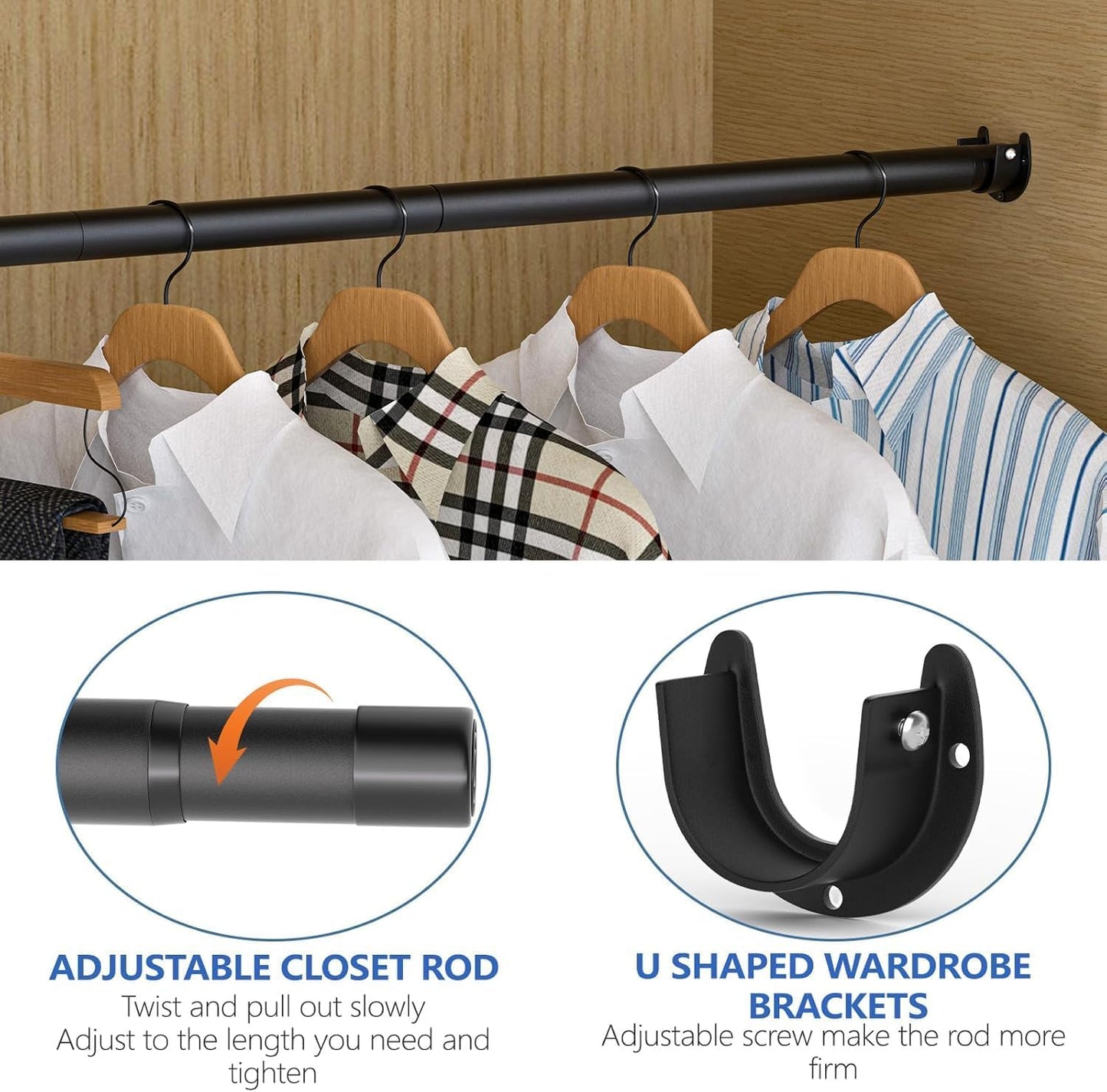 Closet Rod, 17 to 97 Inch Closet Rods for Hanging Clothes, Heavy Duty Adjustable Clothes Hanging Bar Rod Matte Black Closet Poles for Wardrobes, Closet, Bathroom, Windows, 1.3 Inch Diameter