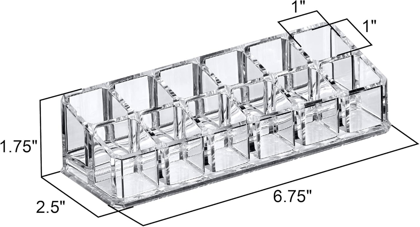 Amazing Abby - Glamour - 2-Pack 12-Slot Acrylic Lipstick Organizer, Lipstick Holder, Lip Gloss Holder, Cosmetic Storage Display, Perfect Storage Solution for Drawer and Vanity (Slot Size: 0.9" x 0.9")