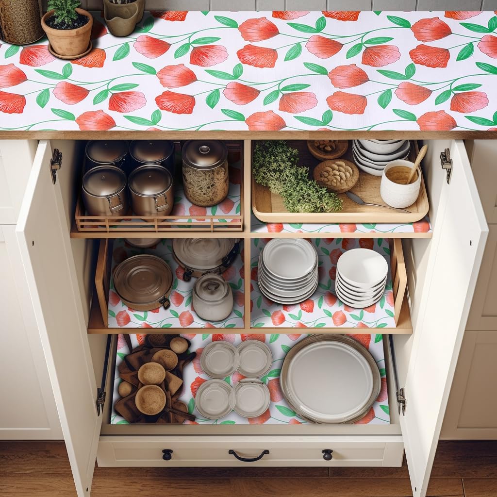 18" W x 96" L Floral Drawer and Shelf Liner for Cabinets, Non-Adhesive Strong Grip Non-Slip Flower Shelf Cabinet Kitchen Shelf Liners for Kitchen Cabinets