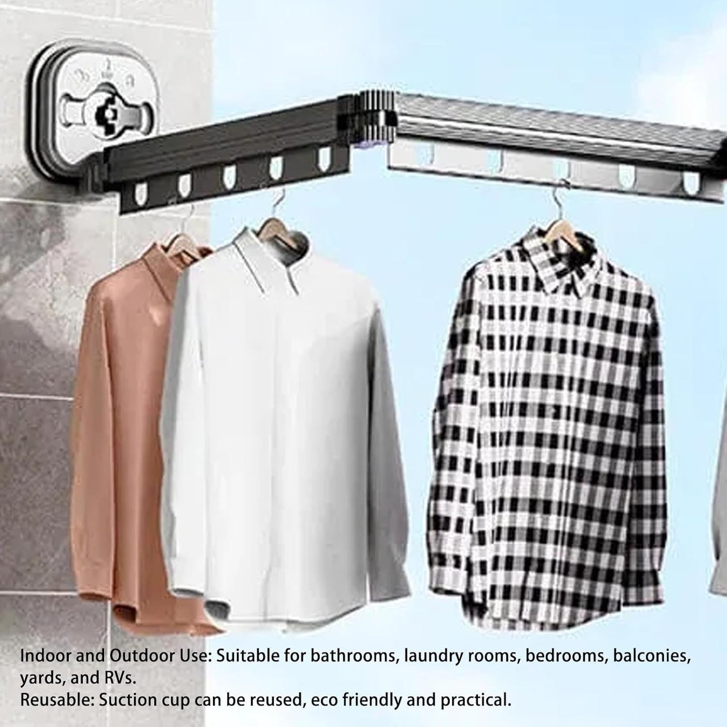 Retractable Clothes Drying Rack, 92cm/36.2in Wall Mount Laundry Hanger Windproof No Drill Clothes Storage Organizer with Suction Cup for Laundry