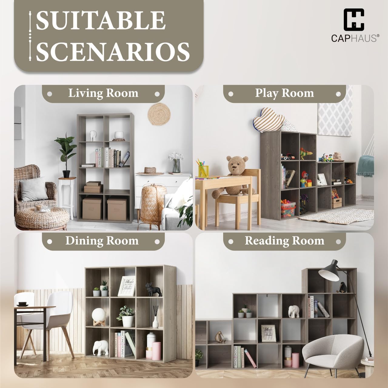 CAPHAUS Sturdy Room 13-Inch Cube Storage Organizer Shelf, with Extra Thick Exterior Edge, Open Storage Shelf Divider, Bookcase, 6-Cube / 8-Cube / 9-Cube, Colors Available in Rustic Grey Oak and White