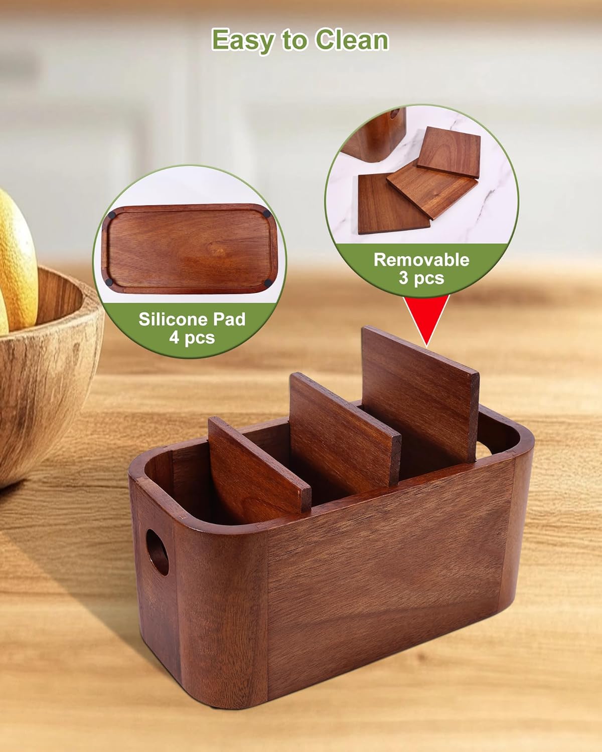 ‌Acacia Wood Remote Control Holder, Bonfixe Removable Desk Organizer with 4 Compartments & 4 Protective Pads, Easy Storage‌ TV Remote Holder for Living Room, Bedside Caddy, Office Supplies