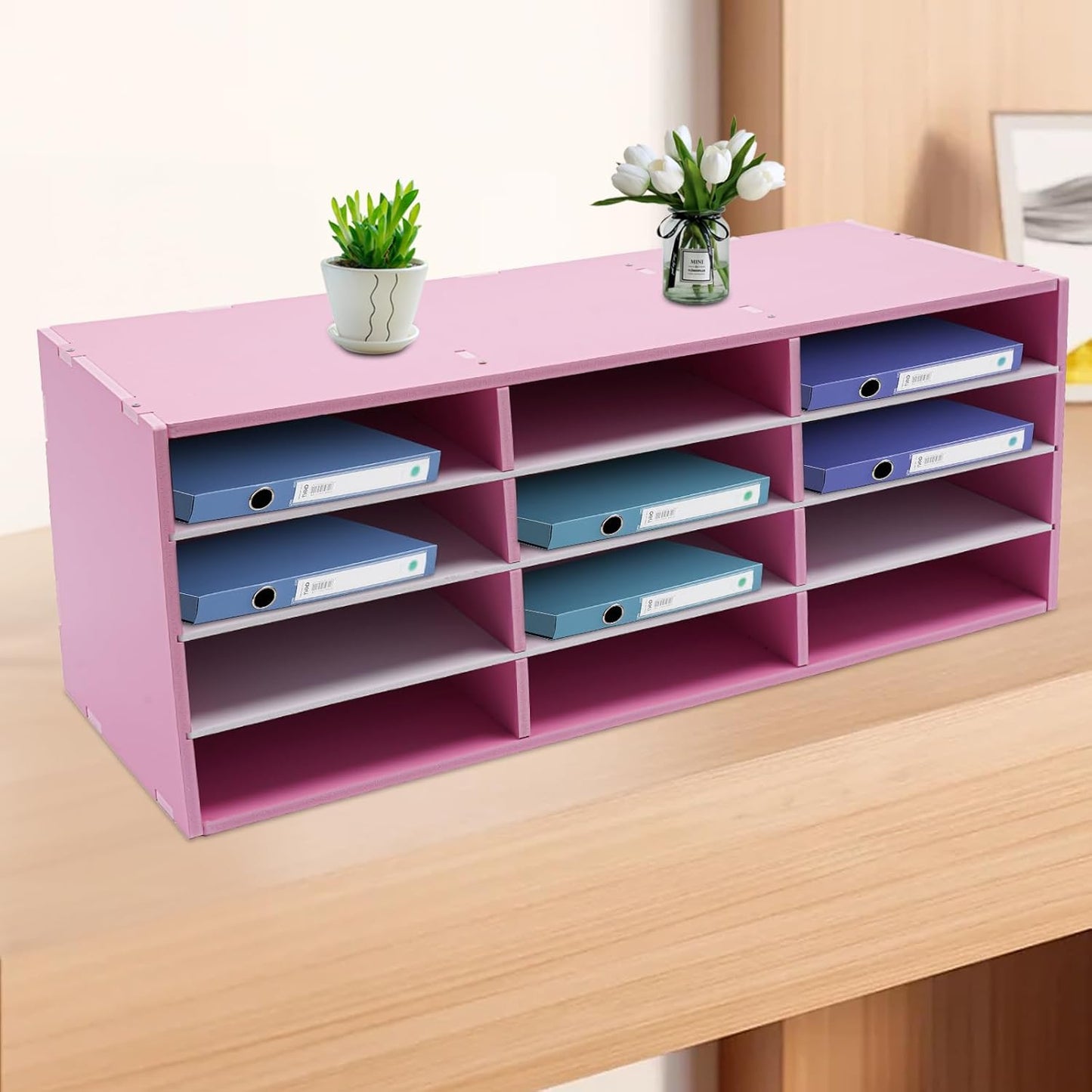 Mail Sorter Organizer, 12 Compartments Mailbox for Classroom, Desktop File Organizer with Adjustable Shelves, for Office Home Classroom, PVC, Pink