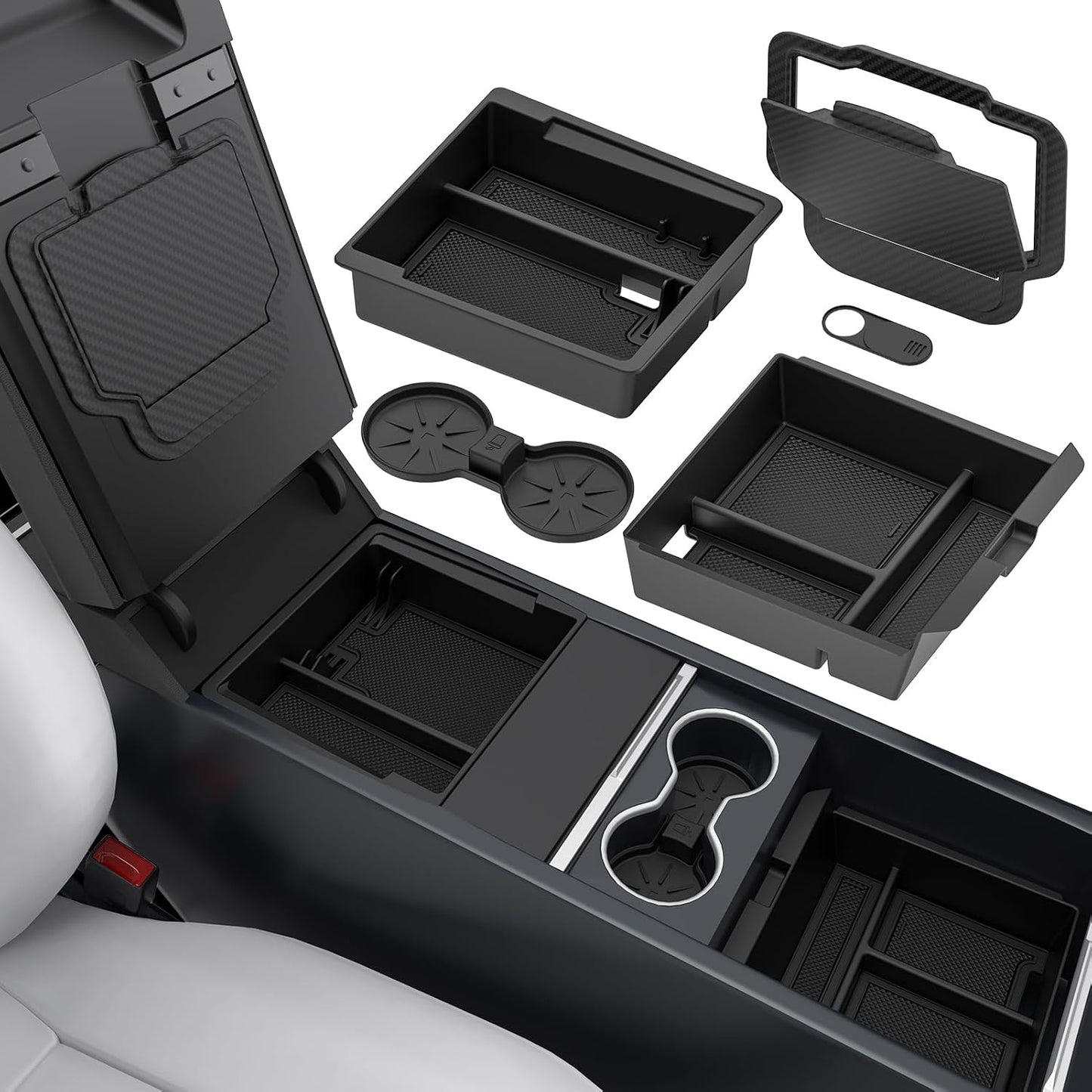 2025 Upgrade 5PCS Center Console Organizer Tray for Tesla New Model Y (2026 Juniper)/3 Highland Accessories 2025, Hidden Storage Box, Cup Holder & Armrest Drawer Organizer, Shockproof, No-Noise