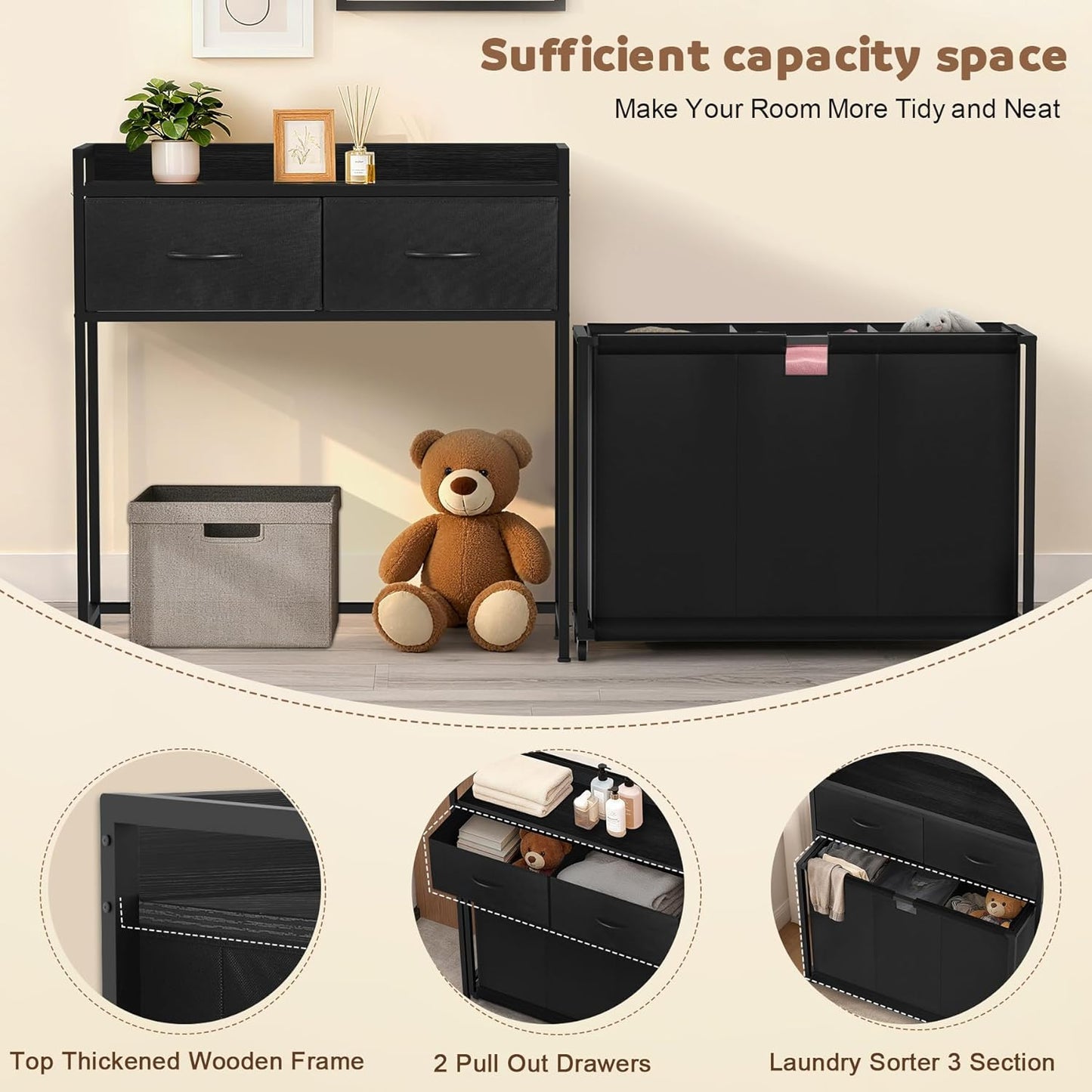 Laundry Hamper with 3 Section Rolling Bags, Laundry Sorter with Wheels, Laundry Basket with 2 Drawer for Laundry Room (Charcoal Black)