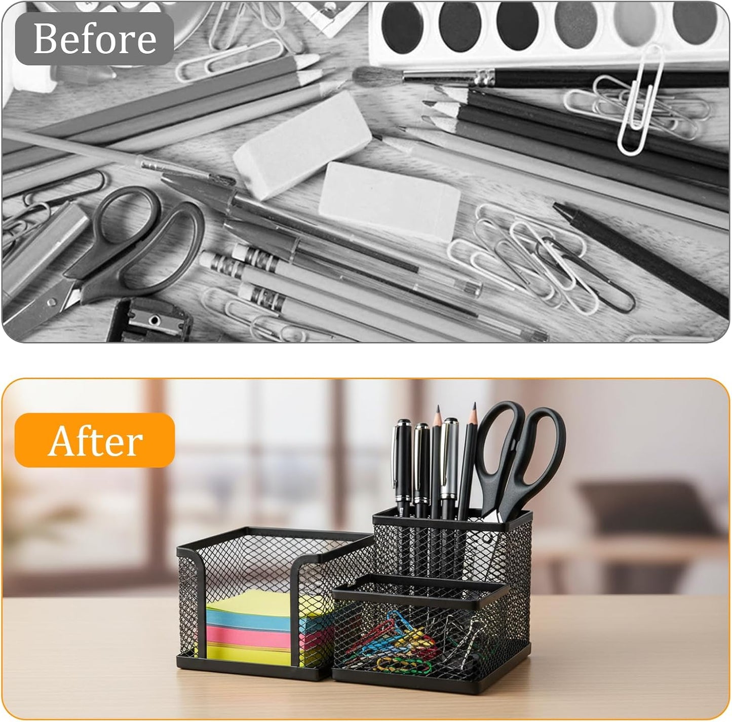 Pencil Holder for Desk, Dual-Compartment Mesh Desk Organizer Set, 2-Piece Set Black Pen Storage Holder & Post It Organizer for Home Office Desk Supplies