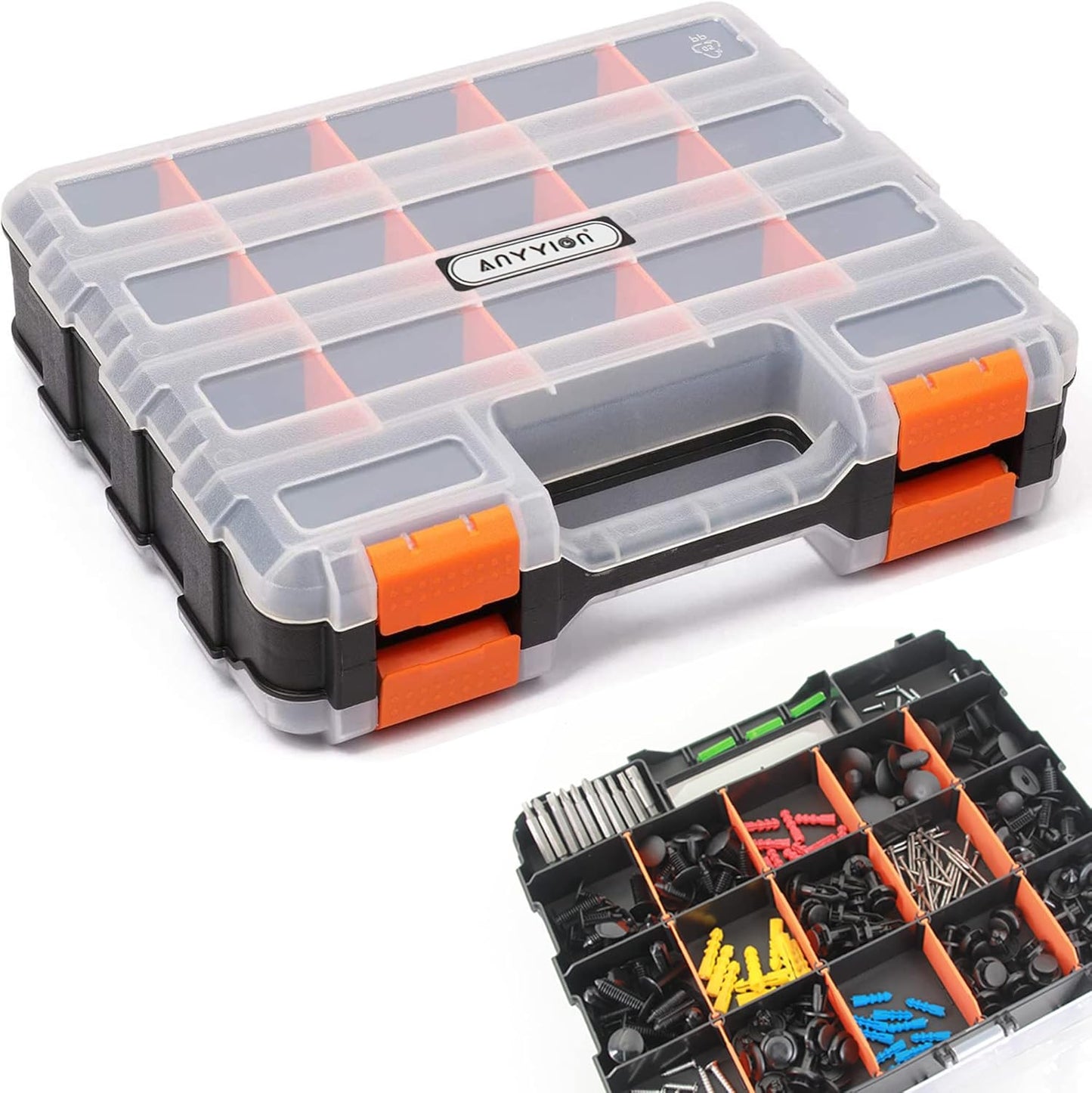 Anyyion Small Parts Organizer, 34-Compartments Double Side parts organizer with Removable Dividers for Hardware, Screws, Bolts, Nails, Beads, Jewelry. (2 Pcs, Orange)