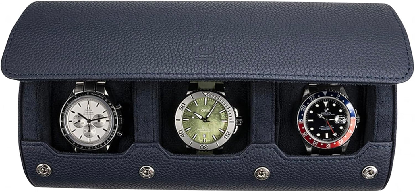 DailyWatch | Watch Roll Travel Case For 3 Watch | Luxury Watch Case In Genuine Leather With Soft Velvet Interior | Watch Case Protect, Store, & Display Your Watches | Navy Blue