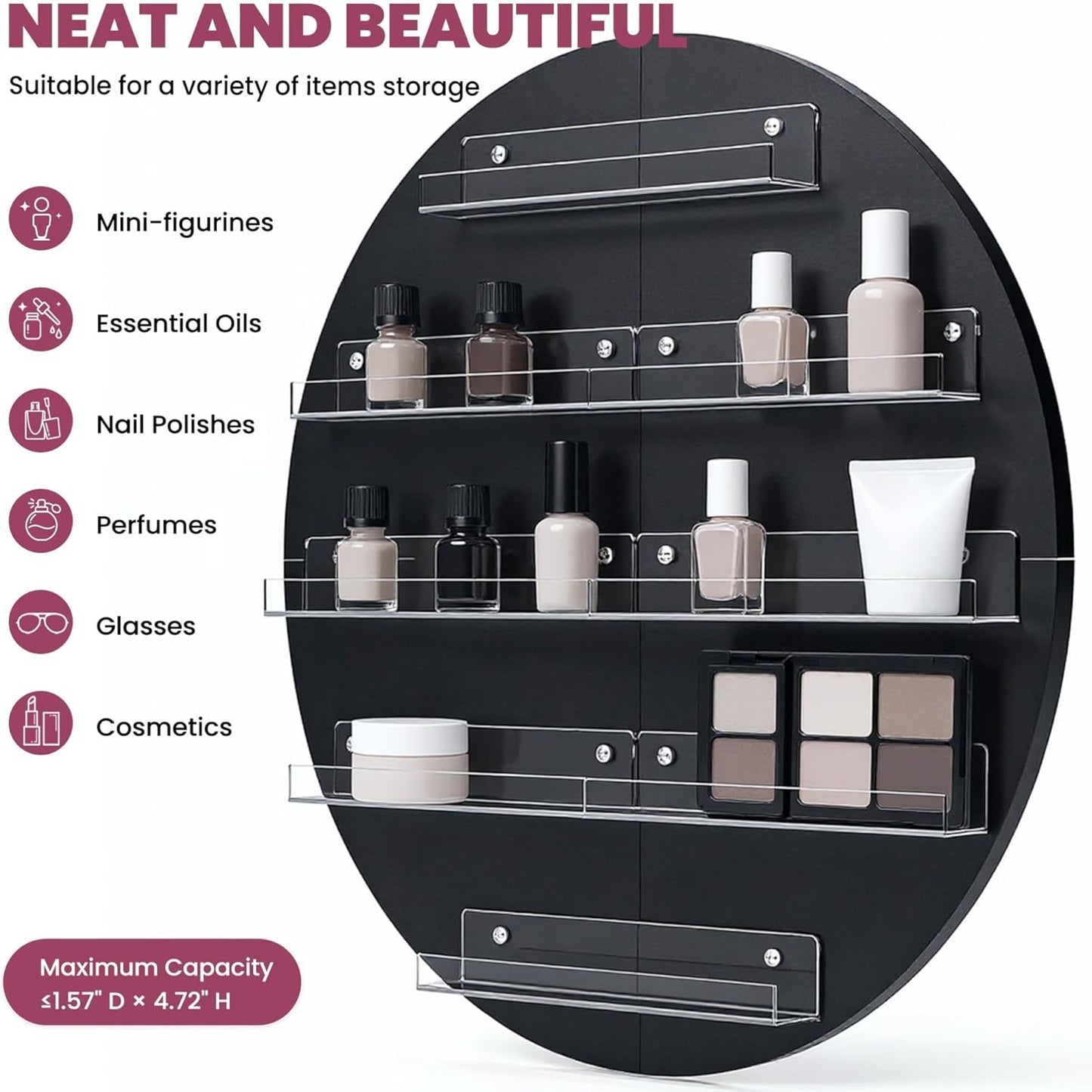 Wall Mount Nail Polish Organizer, Wood Nail Polish Rack w/Acrylic Barrier, 5-Tier Round Storage & Display Shelf, Perfume Essential Oil Bottles Holder, Black