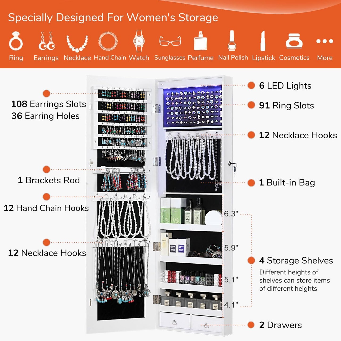 GISSAR Full Length Mirror Jewelry Cabinet, 6 LEDs Jewelry Armoire Wall Mounted Over The Door Hanging, Jewelry Organizer Storage with Lights Lockable, Bright White, 14.6" x 47.2"