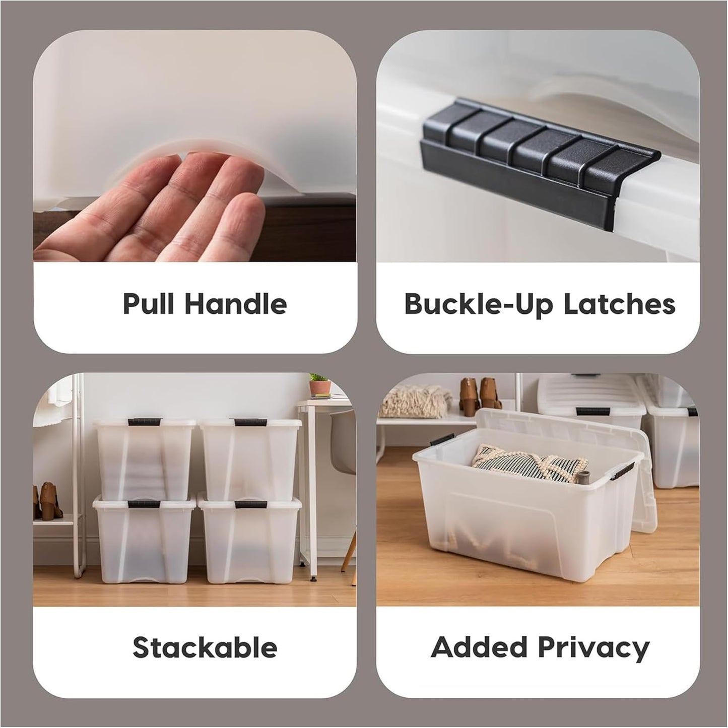 IRIS USA 54 QT Plastic Storage Box with Lid and Latches - 4 Pack - BPA-Free, Discreet Organizing Solution, Durable Nestable Stackable Containers, Secure Pull Handle - Pearl