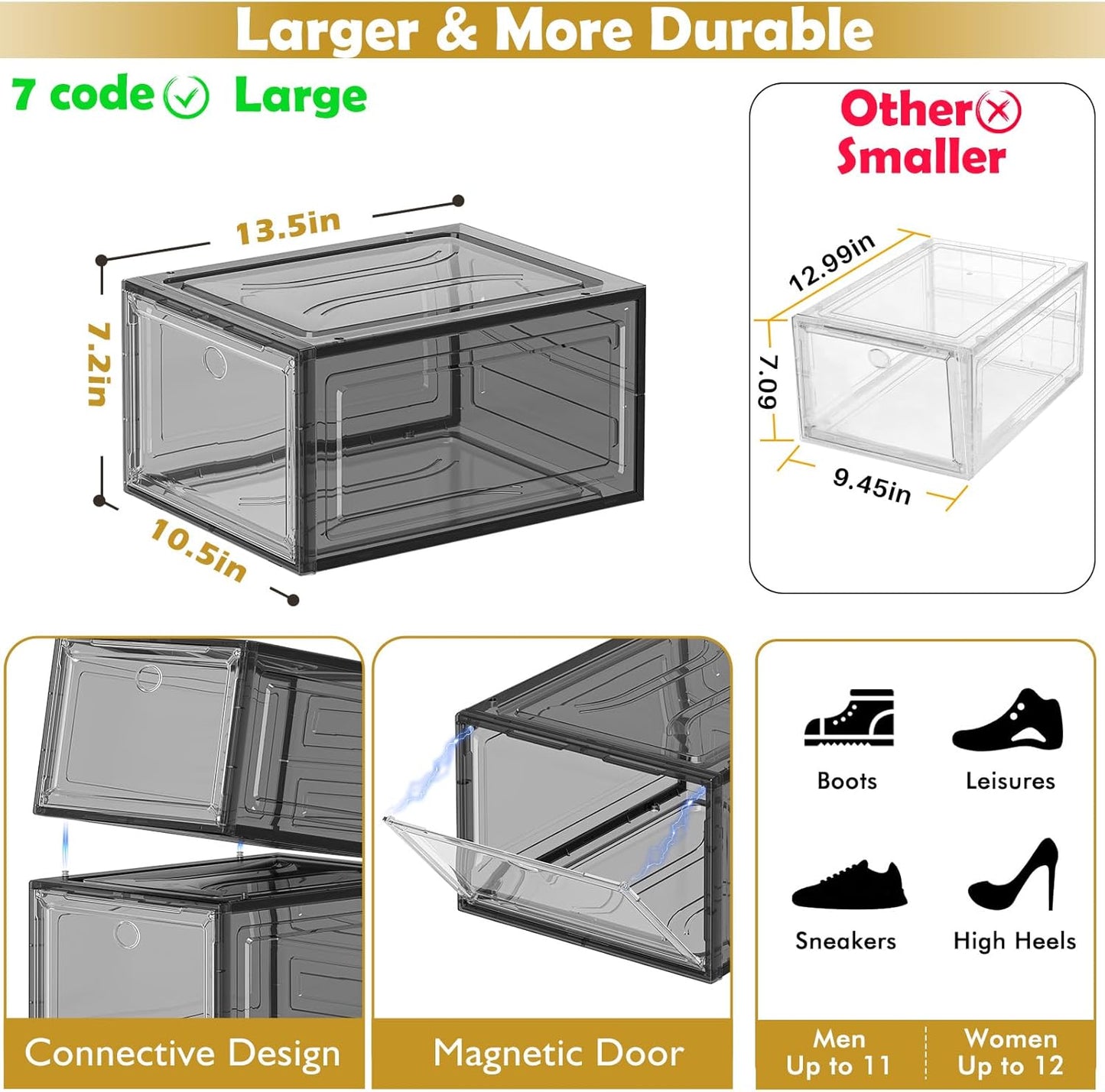 12 Pack Clear Shoe Storage Organizer with Magnetic Door, Stackable Plastic Shoe Boxes for Sneakers, Boots, and Heels, Space-Saving Foldable Shoe Rack for Closet, Durable Shoe Cabinet Organizer, Black