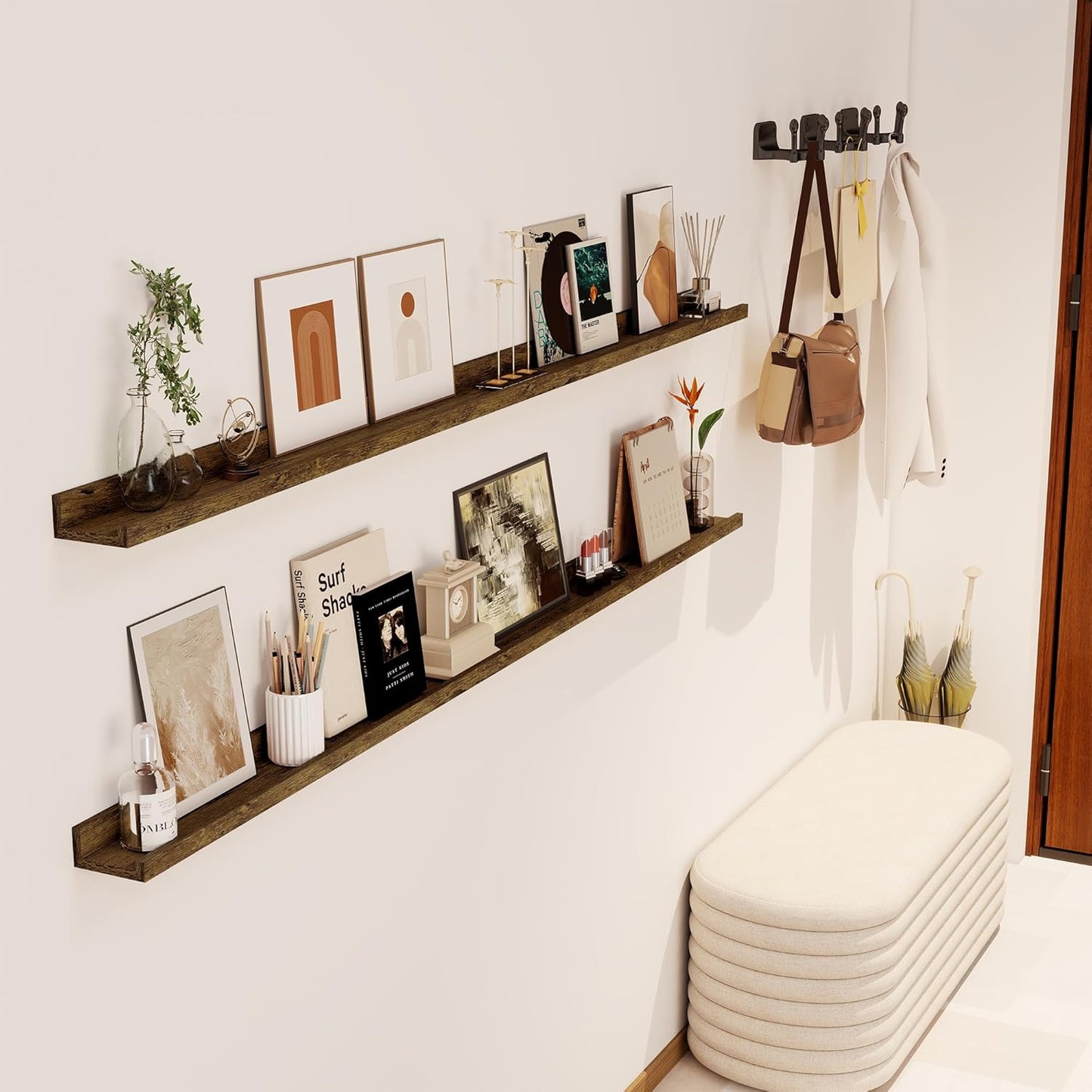 Axeman 72 Inch Floating Shelves for Wall | Picture Ledge Shelf Set of 2 | Rustic Brown Picture Shelf for Wall with Ledge | Long Floating Shelves with Lip | Photo Ledge Shelves for Books Album Records