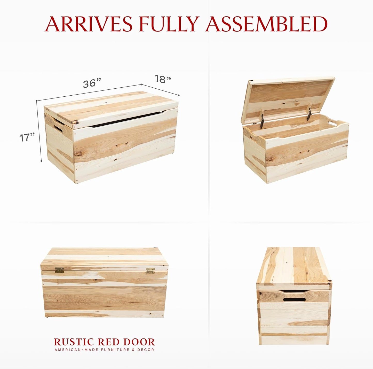 Amish Made Wooden Storage Chest Trunk Box with Lid and Handles for Bedroolanket, Clothes, Anti-Slam Hinges, Handmade, Rustic Hickory Wood, Natural Stain, 36"