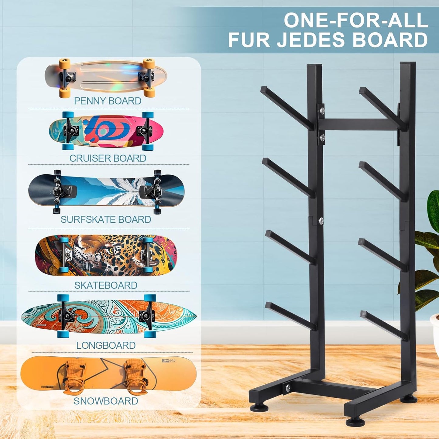 BiJun Skateboard Racks Floor Stand, 4-Layer Skateboard Holder,Snowboard Storage Rack, Skateboard Organizer Floor Stand for Deck, Longboard, Snowboard, Standard Skateboards, Mini Cruiser Skateboard