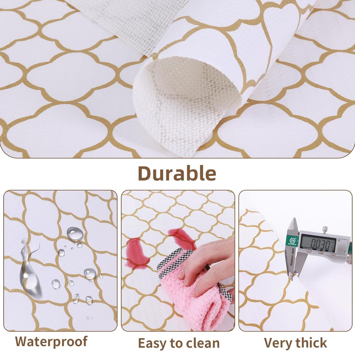 Shelf Drawer Liners for Kitchen Cabinets 11.8 x 236.2 Inches Non Adhesive Drawer Liner Thickened Refrigerator Liner Gold Quatrefoil Strong Non-Slip Paper for Tool Box with Knife and Tape Measure