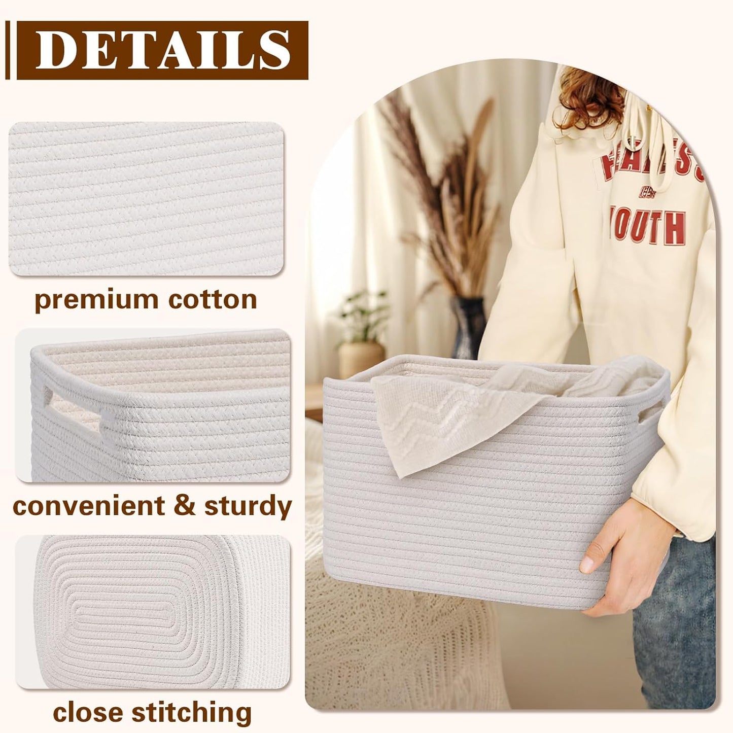 Storage Baskets for Organizing, 4 Pack Storage Baskets for Shelves, Woven Basket for Shelves, Closet Organization, Rectangle Organizer Basket Gifts Empty, 13"Lx8.7"Wx7.9"H Decorative Bins with Handles
