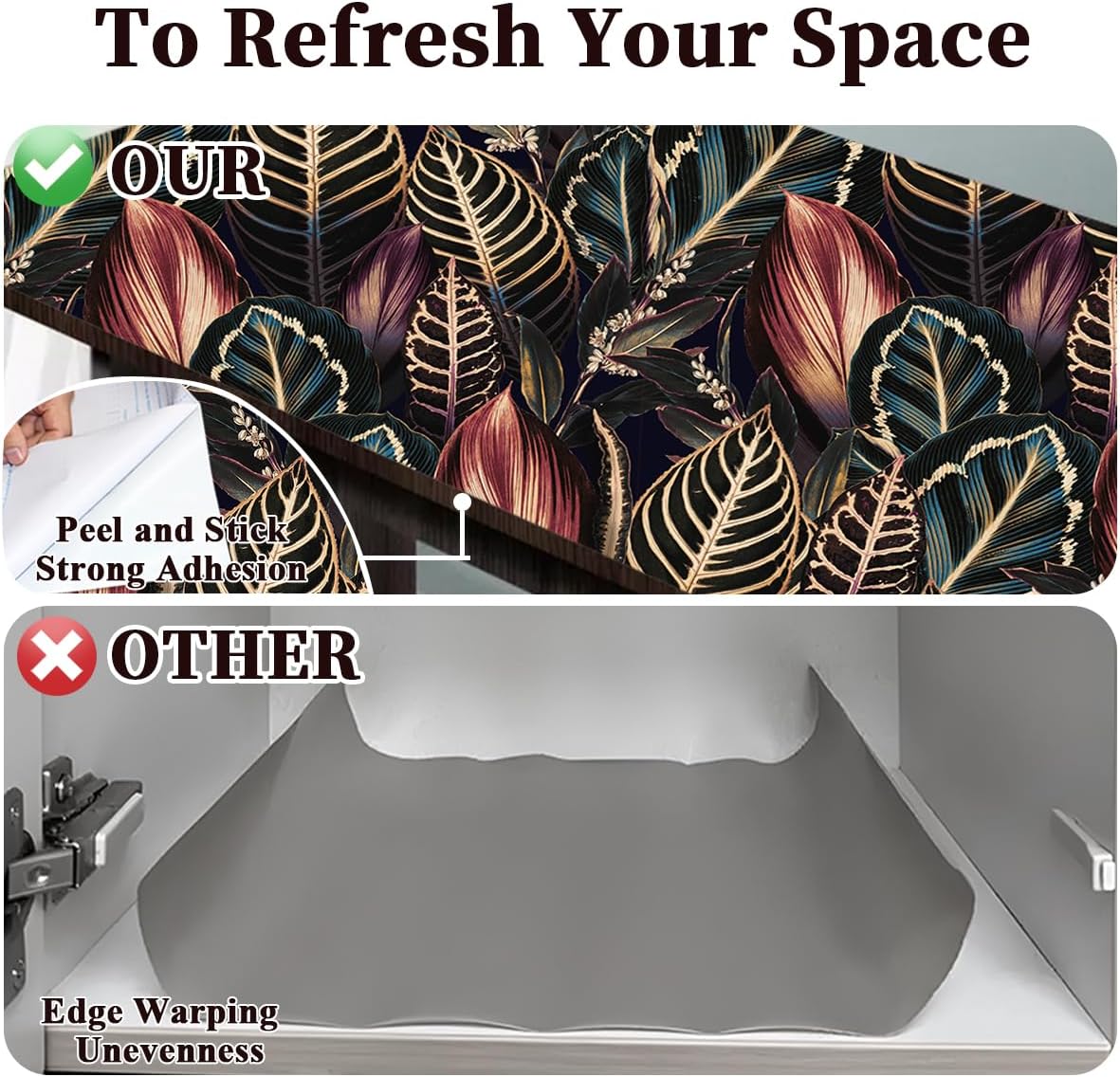 Floralplus Shelf Liner for Kitchen Cabinet, Self Adhesive Drawer and Cabinet Liner, Botanical Contact Paper, Waterproof Countertop Cupboard Dresser Liners 17.7 x 78.7 in