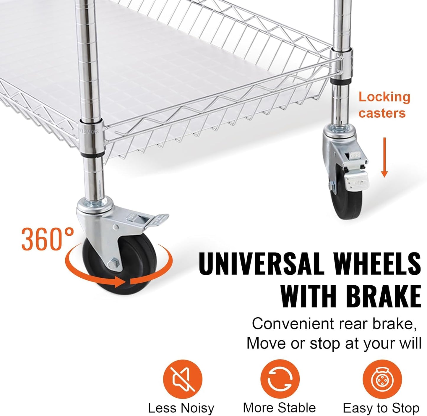 VEVOR Kitchen Utility Cart, 3 Tiers, Wire Rolling Table with 661 LBS Capacity, Steel Service Desk on Wheels, Metal Storage Trolley with 80 mm Deep Basket Curved Handle PP Liner 6 Hooks