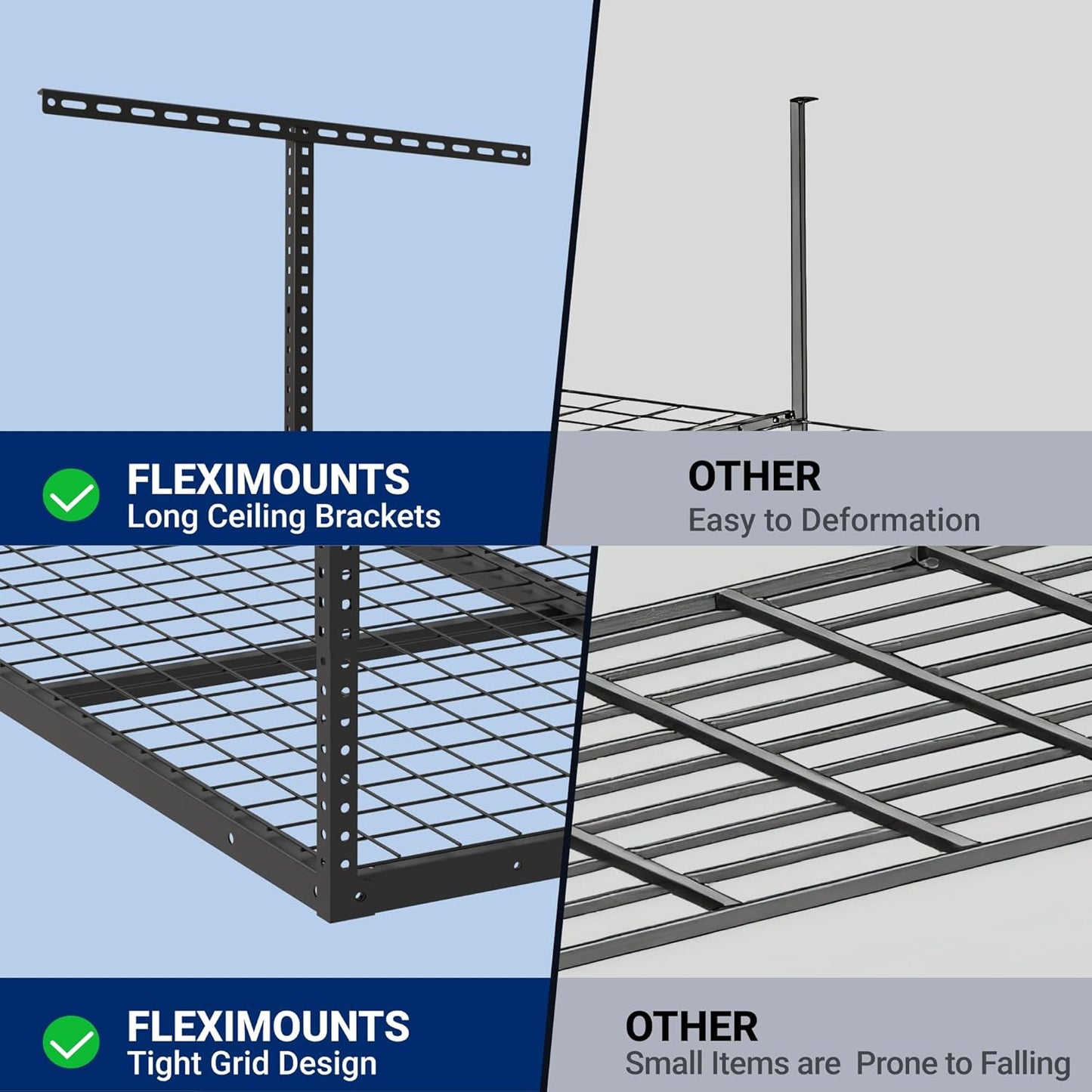 FLEXIMOUNTS 4x4 Overhead Garage Storage Rack, Adjustable Organization System, Heavy-Duty Metal Ceiling Racks, 350lbs Weight Capacity, Black, Classic Series