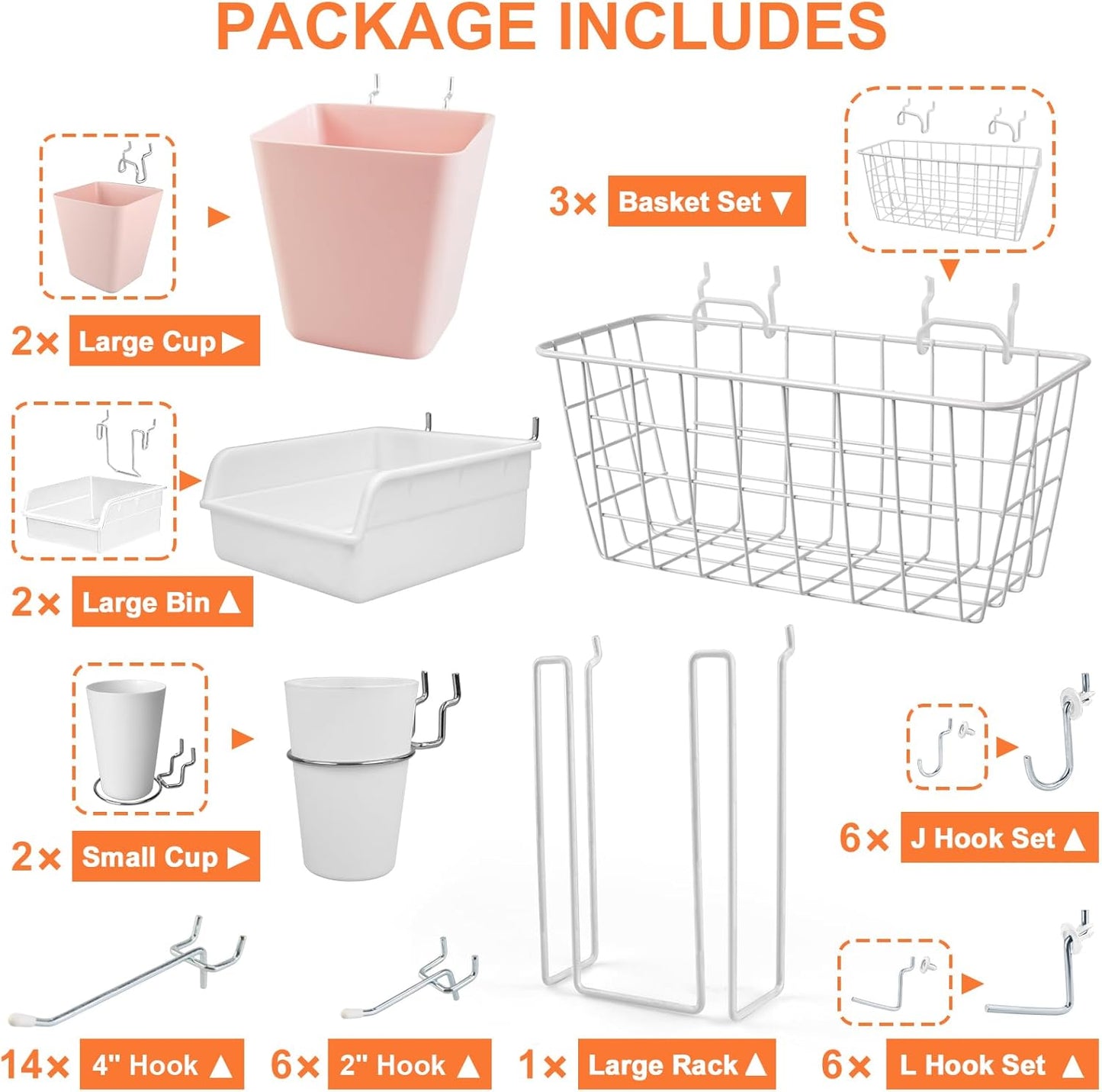 Pegboard Basket Organizers, Peg Board Large Baskets Hooks Bins Cups Tool Organizer 42 Pack Set, Wall Storage Display Hanging Accessories for Craft Office Stadio Shed Garage Organization (White & Pink)