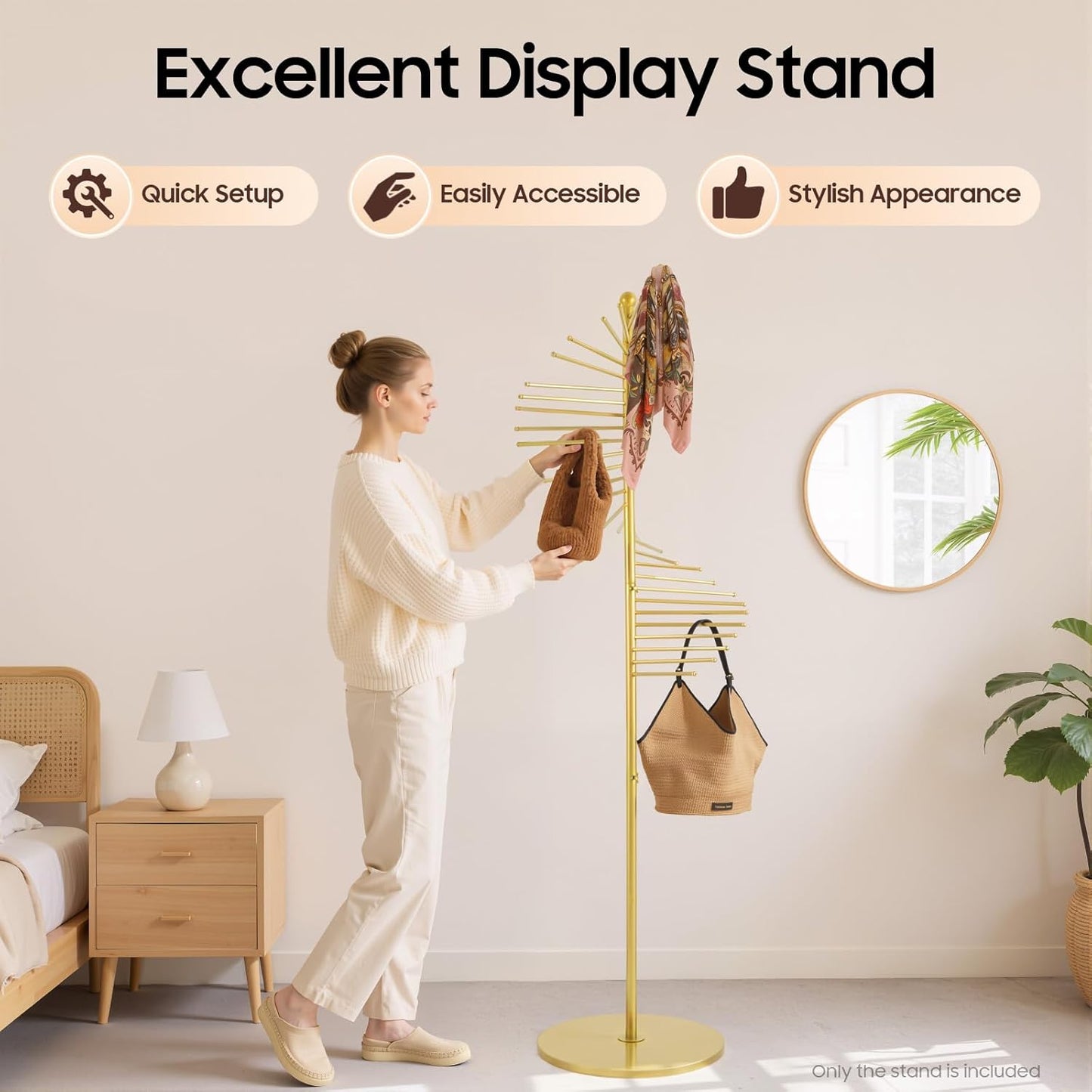 Scarf Organizer, 67" Freestanding Scarf Display Rack 30 Tiers Metal Spiral Scarf Holder Hijab Organizer Stand Belt Pants Hanger Space Saving Shelves for Clothing Store Home (Gold)