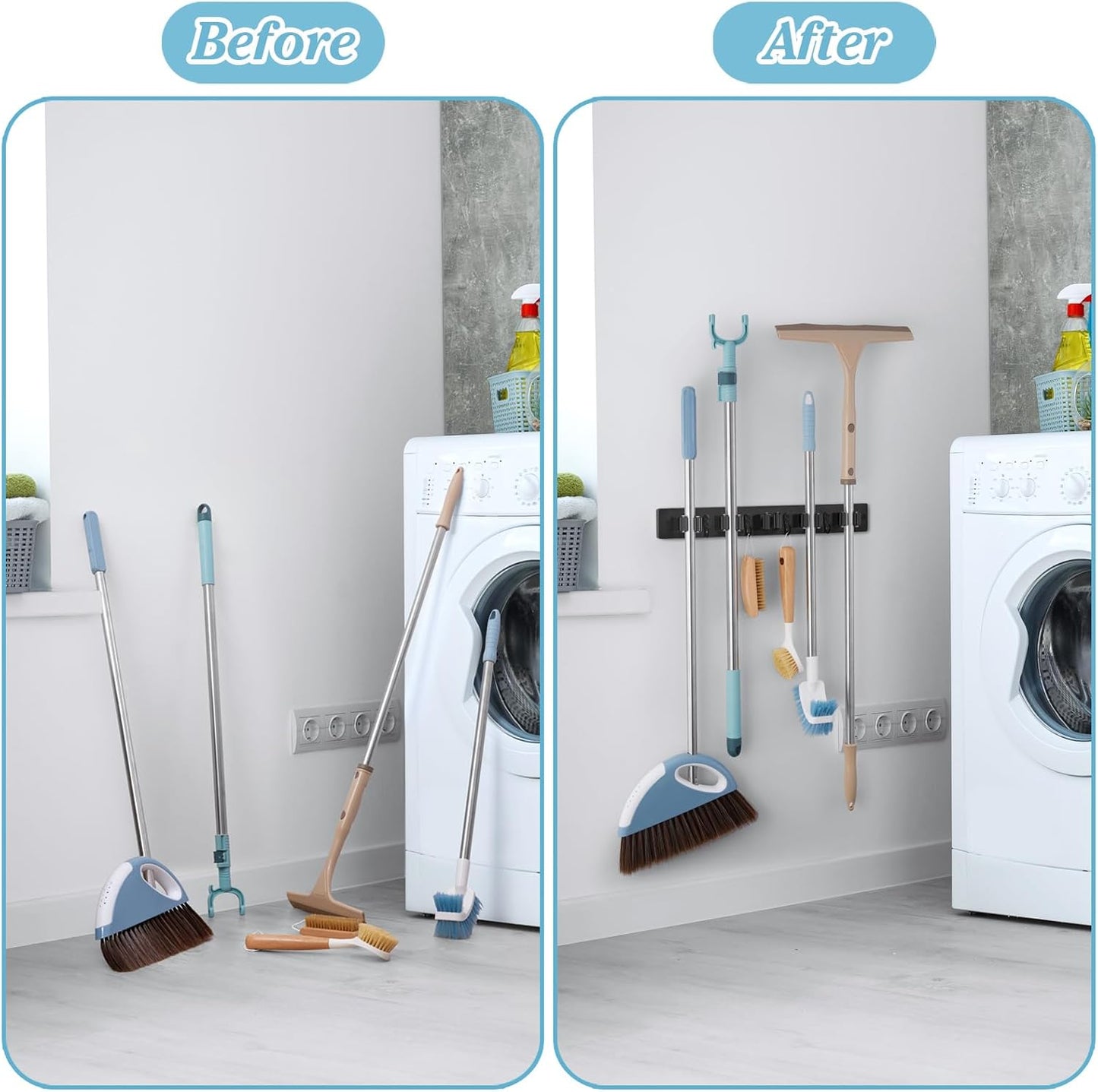 Black Broom Holder Wall Mount - Heavy Duty Wood Mop and Broom Organizer with 5 Slots & 4 Hooks - Sturdy Garden Tool Hanger for Laundry Room Closet Kitchen Garage Storage and Organization