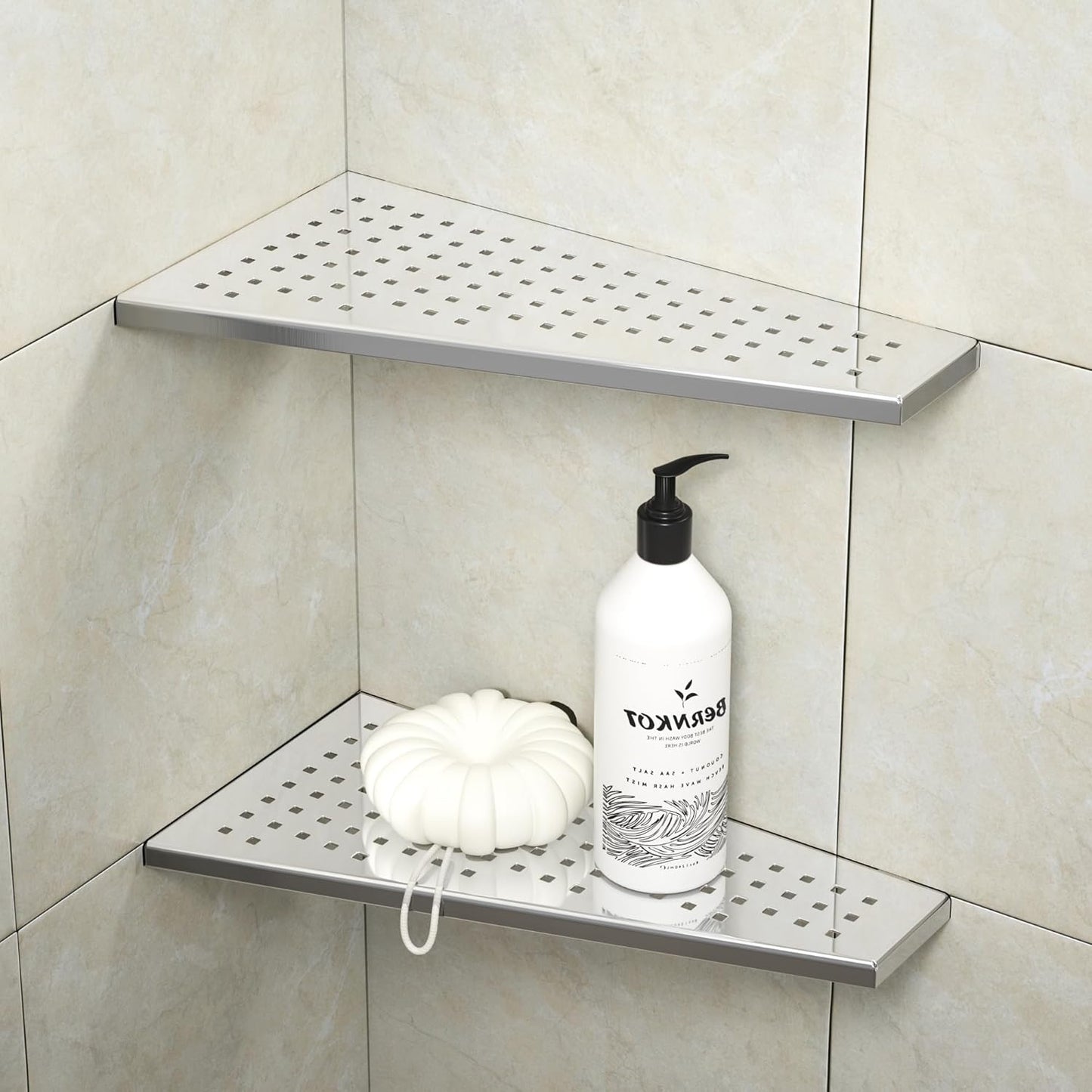 Corner Shower Shelf 12" Polished 304 Stainless Steel Recessed Trapezoid Grout in Shelves with Grid Design Bathroom Shelf Racks for Tiled Wall, 2 Pack