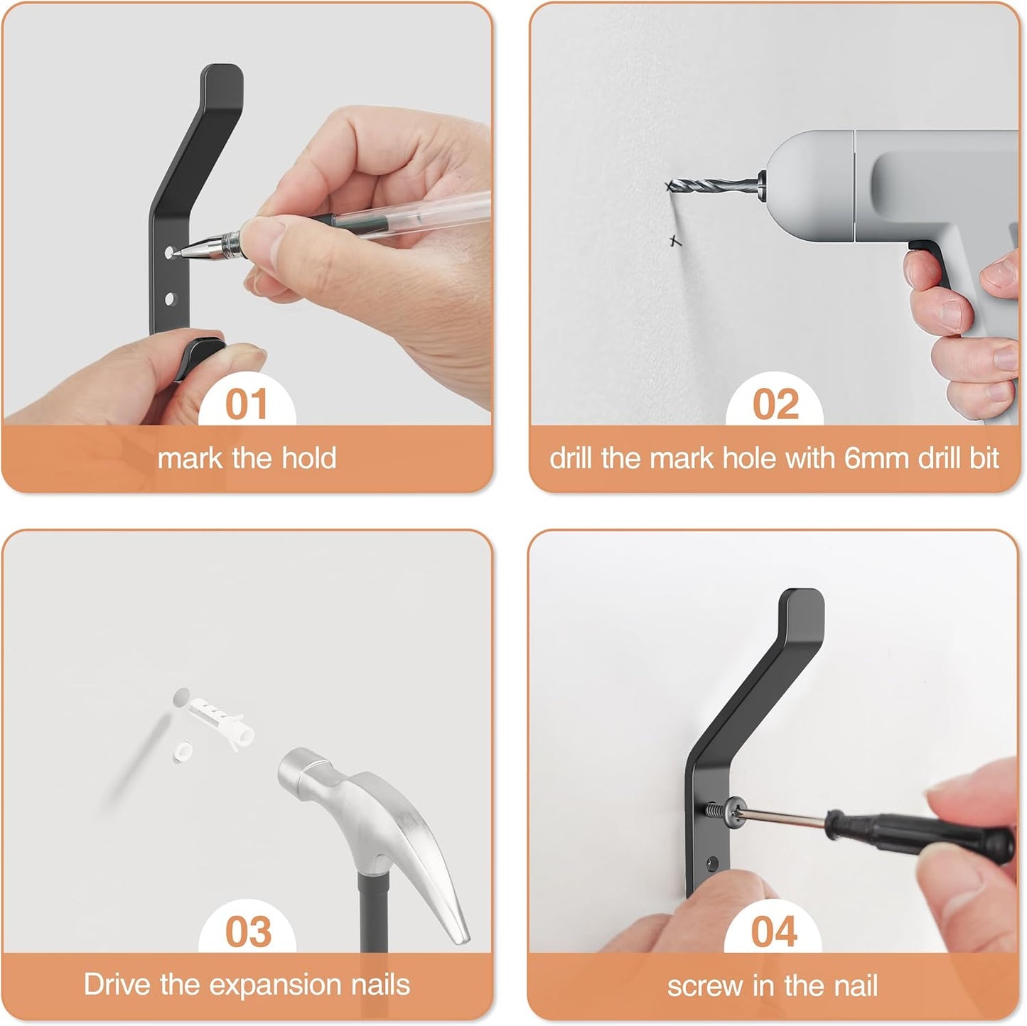 Coat Hooks Wall Mount for Hanging: 20LB Sturdy Hanger for Backpack, Towel, Bag, for Closet, Bathroom, Door, Mushroom, Stainless Black 6 Pack, 3.75"