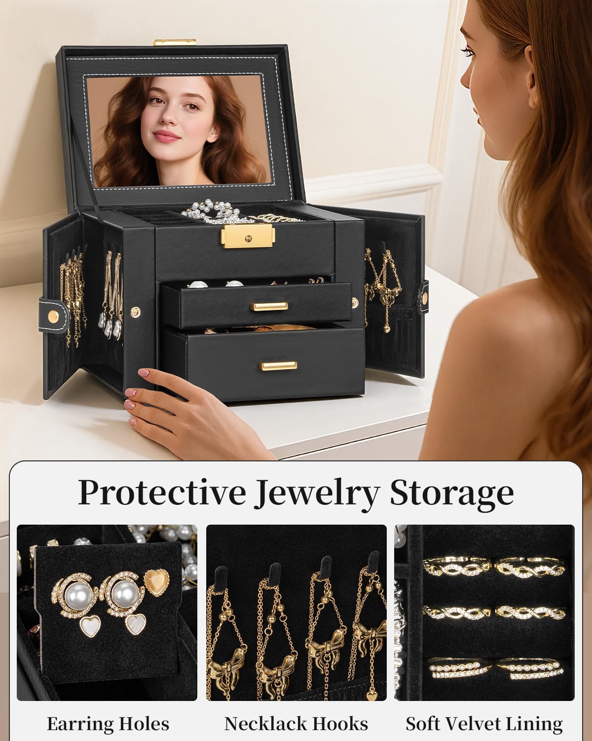 TORIBIO Jewelry Box for Women, Leather Jewelry Organizer with Mirror & Lock, 3-Tier Jewelry Storage Organizer with 2 Drawers for Girls/Women/Mothers, Necklace Earring Bracelets Holder Organizer