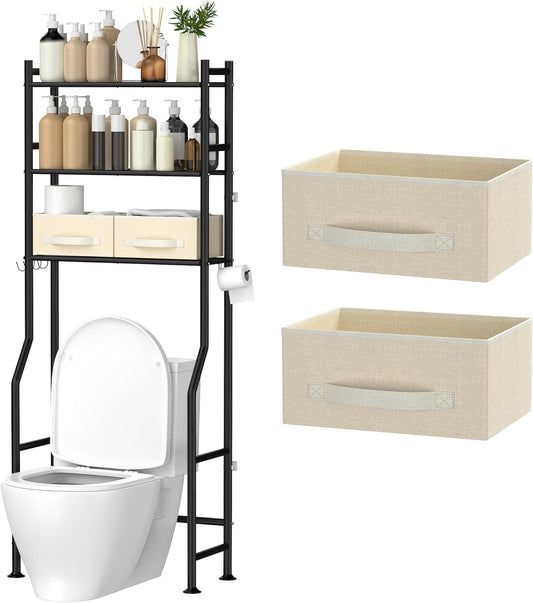 3 Tier Over The Toilet Storage Rack with 2 Basket, Metal Freestanding Bathroom Shelves Toilet with Paper Holder and 4 Hooks, Over Toilet Storage Shelf for Bathroom Storage, Black