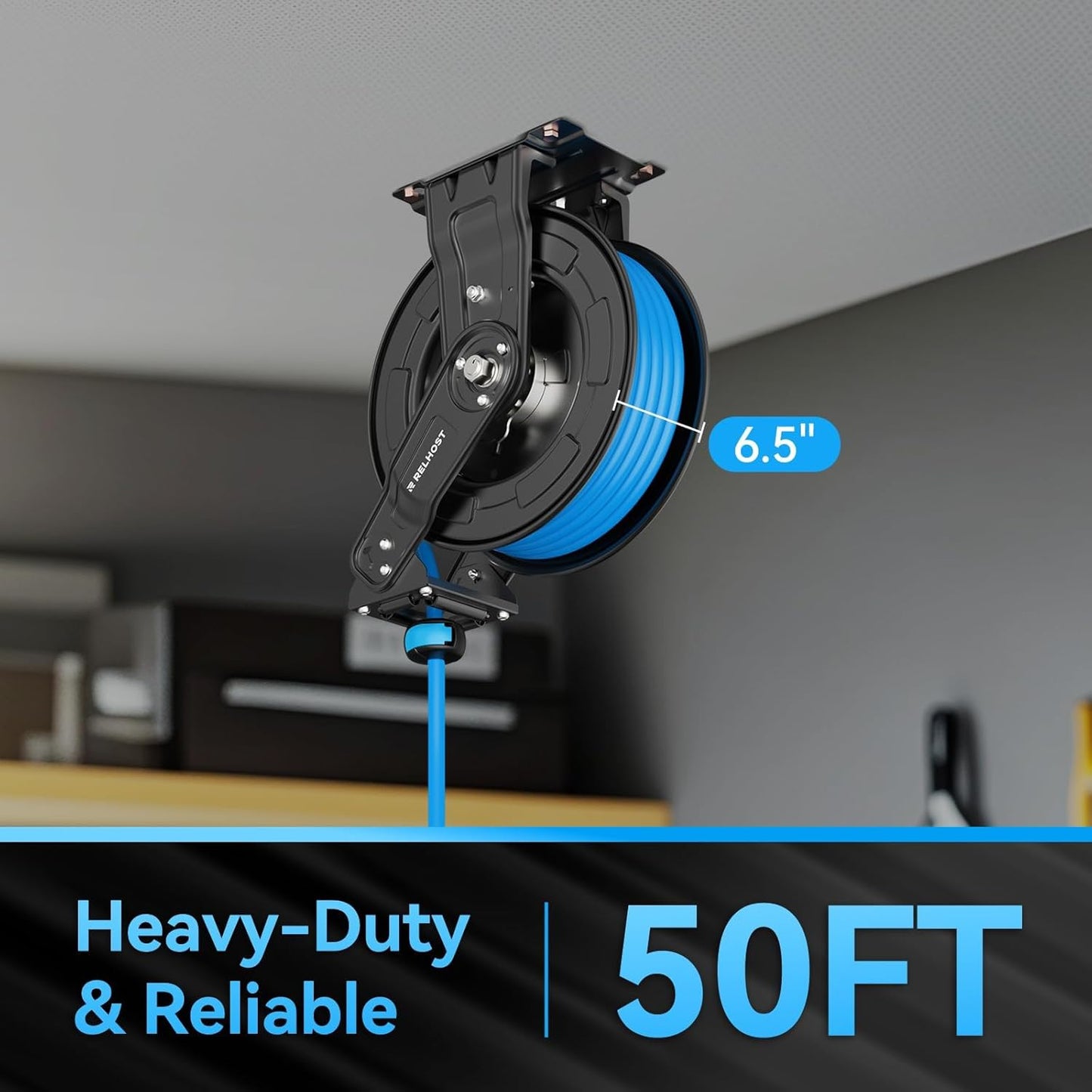 Retractable Air Hose Reel Dual Arms, 50 ft x 3/8 in Hybrid Air Hose Max 300PSI, Heavy Duty Air Compressor Hose Reel, Auto Rewind, Ceiling/Wall Mount for Garage, Workshop, Home Studio