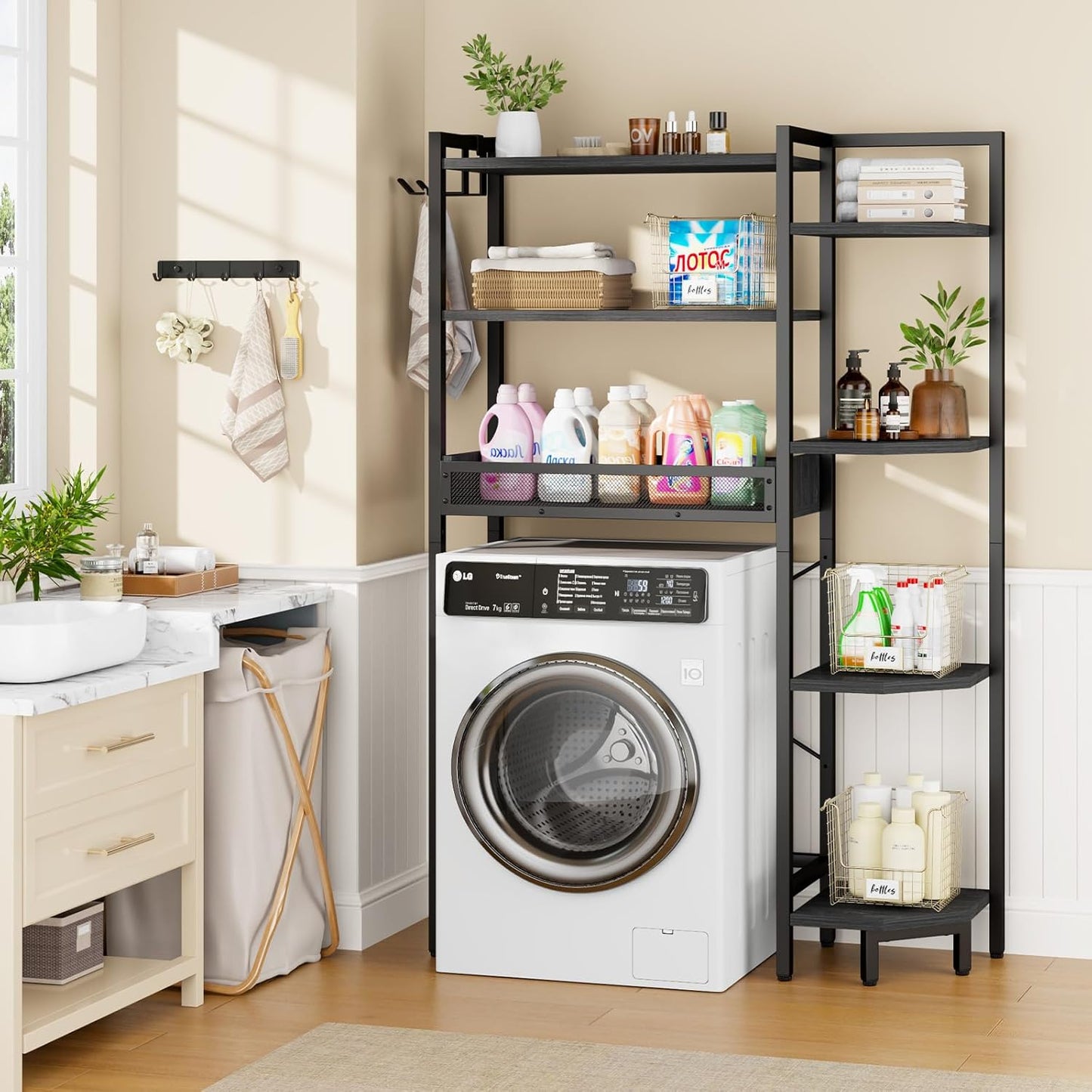 K1 Heavy Duty 7-Tier Over The Toilet Storage（with Basket and Paper Hook） Freestanding Above Toilet Shelf with Adjustable Feet，Space Saver Bathroom Shelves 9.3" D x 33.5" W x 63.8" H，Black