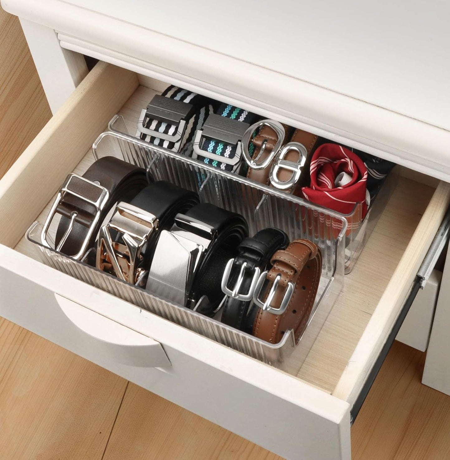 Acrylic Belt Organizer with Adjustable 4 Compartments & Stackable Design, Clear Storage for Closet and Drawer Organization