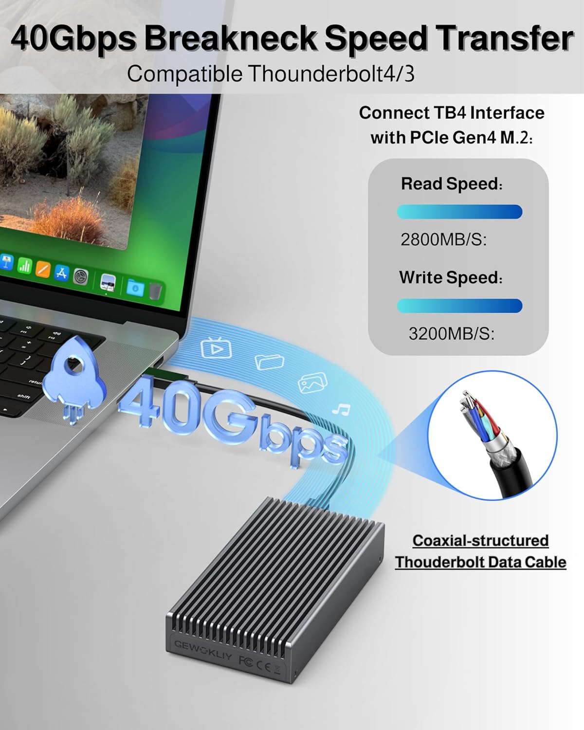Noiseless 40Gbps M.2 NVMe Enclosure, USB C Aluminum External SSD Enclosure Compatible Thunderbolt4/3 8TB SSD Adapter, PCIe Gen4 M.2 SSD Reader Fits 2280/2260/2242/2230mm M B+M Key