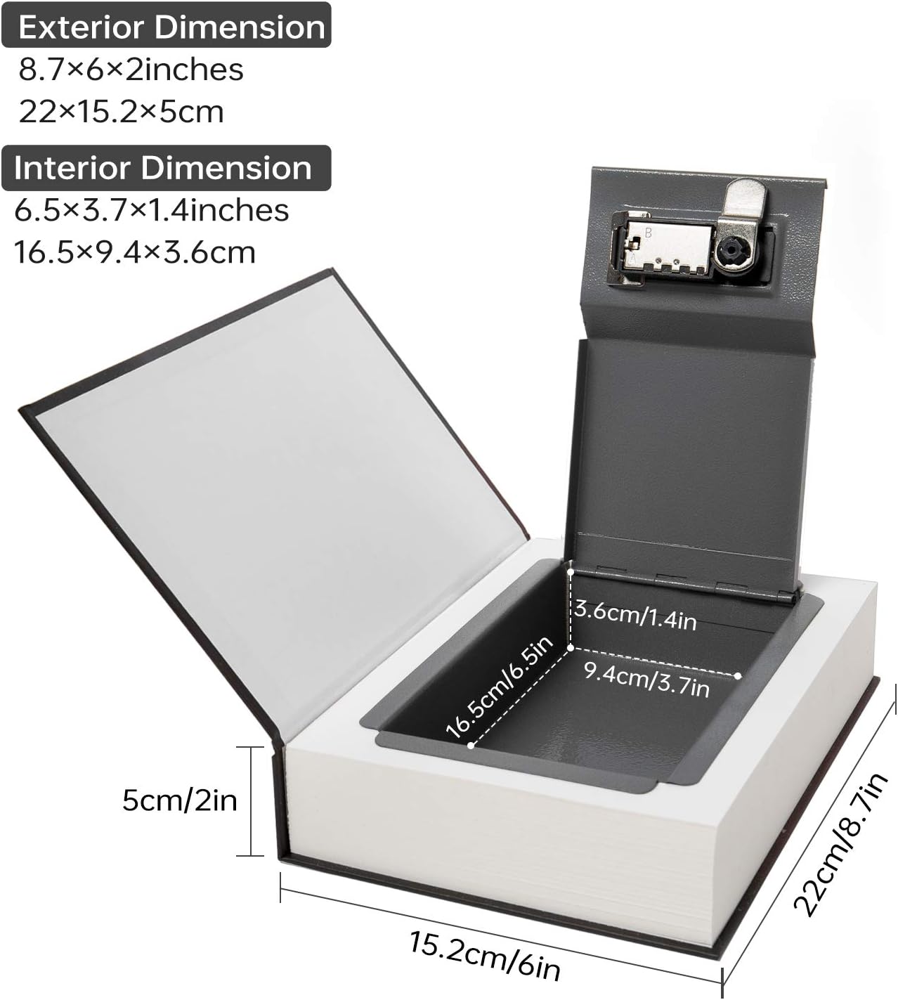 Real Paper Transfer Book Safe, Hollow with Secret Hidden Compartment, Combination Lock, 8.7"×6"×2" (Black Dictionary-Combination)