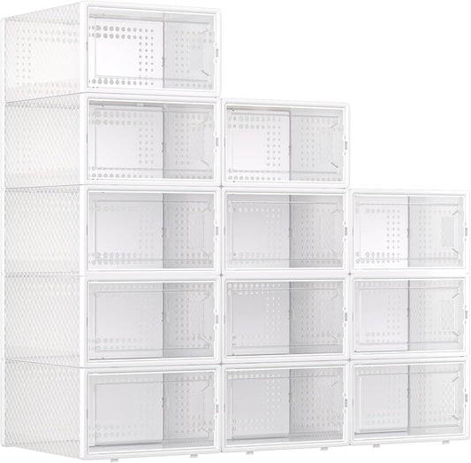 X-Large Plastic Clear Shoe Storage Boxes Stackable 12 Pack Fit Size 11, Shoe Rack & Holder Substitute, Sneaker Containers, Toy Storage Organizer for Entryway, Closet, Under Bed (White)