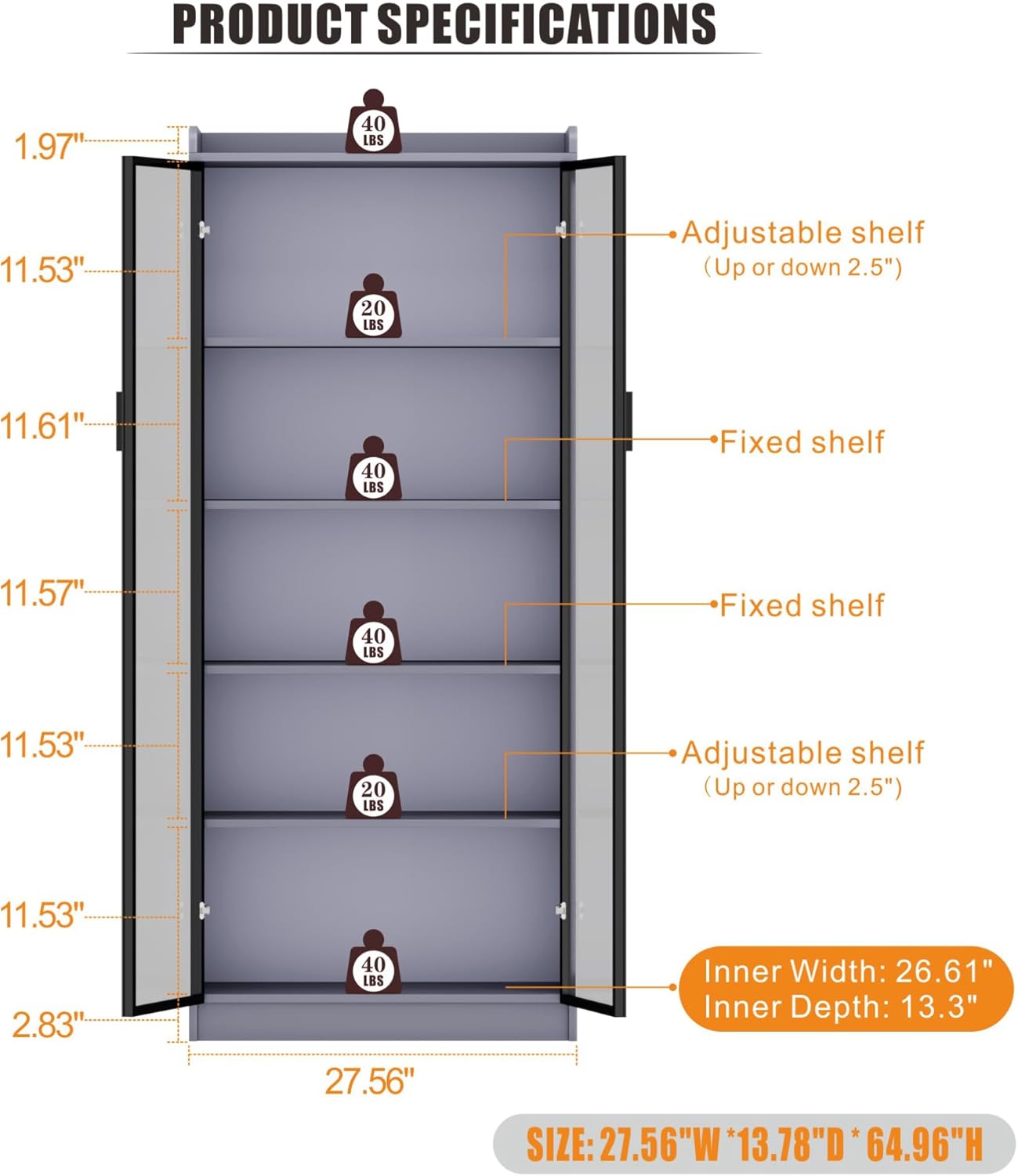 65" Tall Display Cabinet with Doors, Lighted Bookcase with Lights/Human Sensor, 5 Tier Display Case with Adjustable Shelves for Collectibles Bedroom Living Room Office, Grey-Smoked Black Door