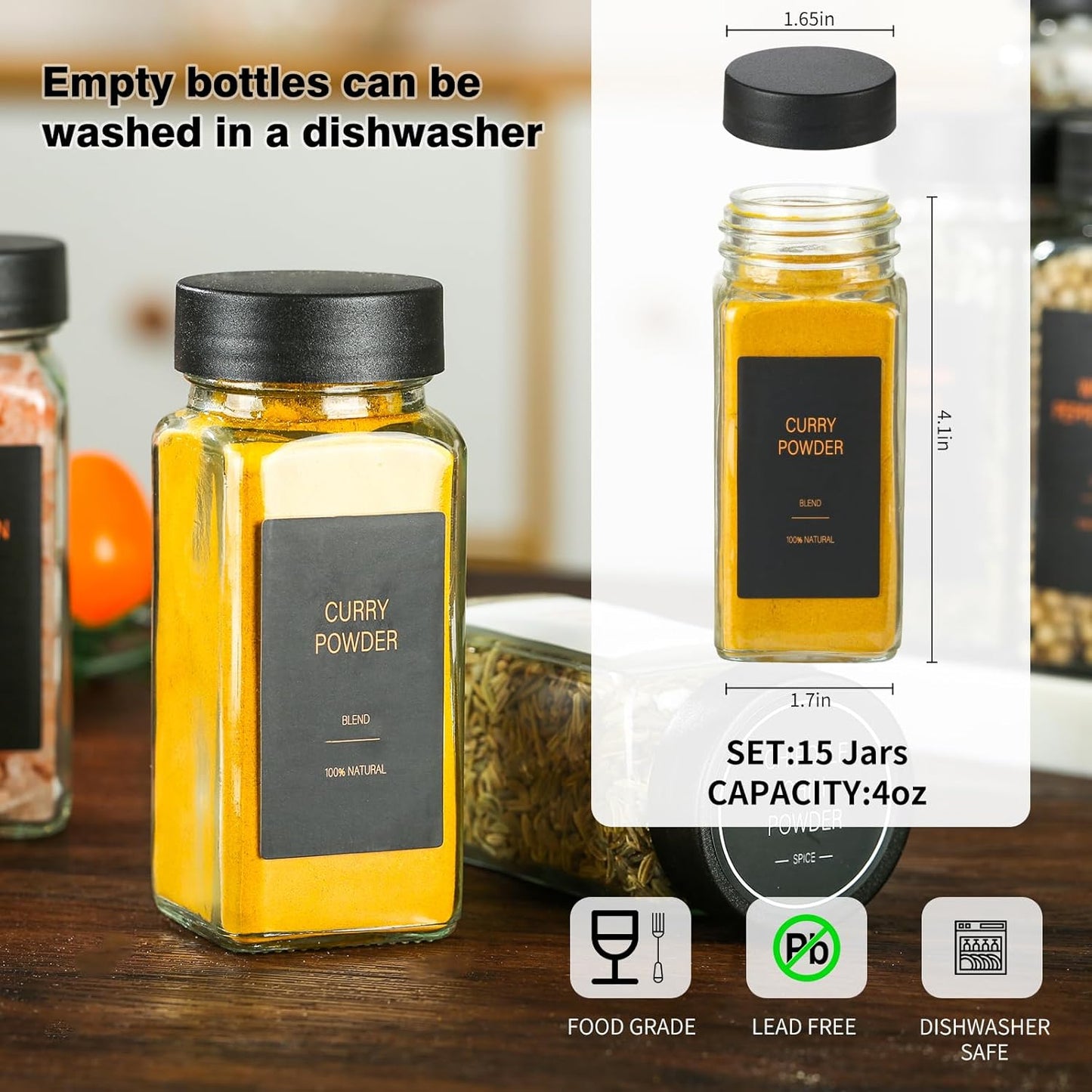 Spice Jars with Label，4oz Glass Spice Bottles With Shaker Lids，Seasoning Containers with Funnel, Chalk Pen for Cabinet，Drawer，Rack (Black, 24)