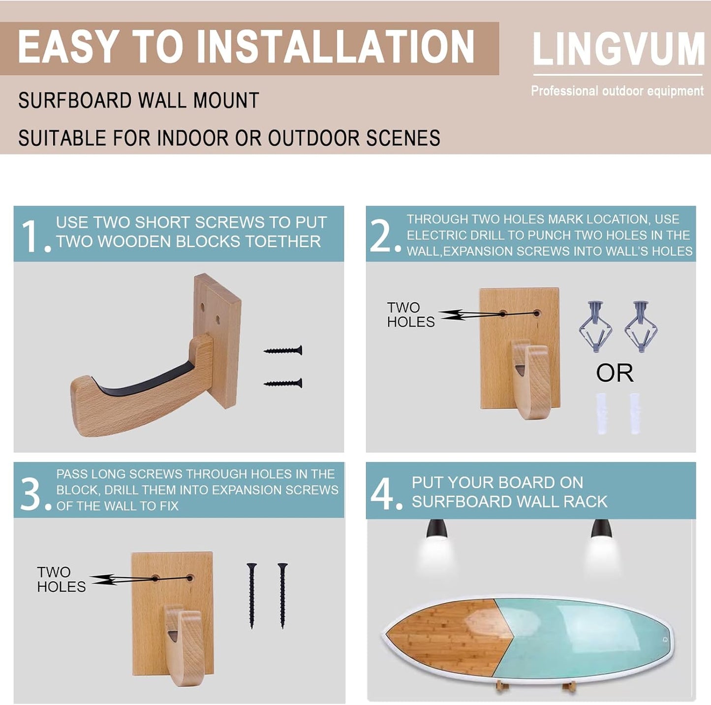 Surfboard Wall Mount Racks Sturdy Surf Board Wall Hangers Suitable for Longboards/Shortboards/Skateboards/Snowboards/Skiing Boards, Works Indoors and Outdoors, Bamboo