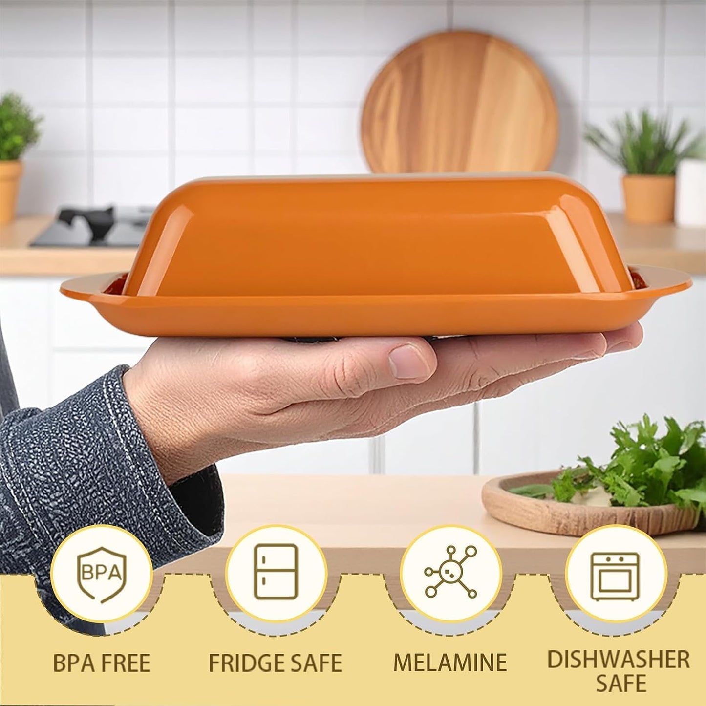 Butter Dish with Lid and Knife, Durable Countertop & Fridge Butter Keeper, BPA-Free Melamine Butter Container, Dishwasher Safe, Fits East/West Coast Butter Sticks (Pumpkin Orange)