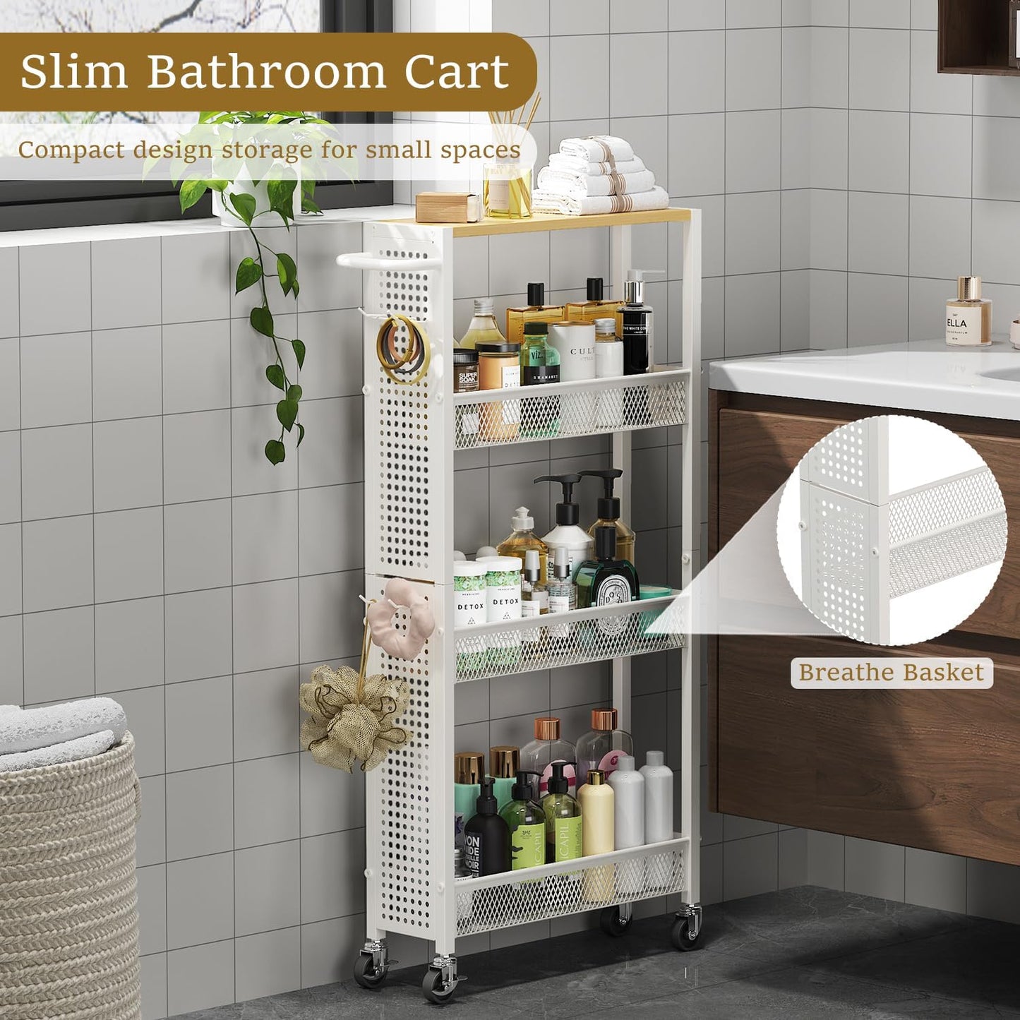 Utility Slim Storage Cart 4 Tier Small Rolling Kitchen Laundry Room Organization Cart with Wood Top Metal Narrow Bathroom Cart Cabinet Narrow Storage Cabinet Trolley with Handle for Small Space