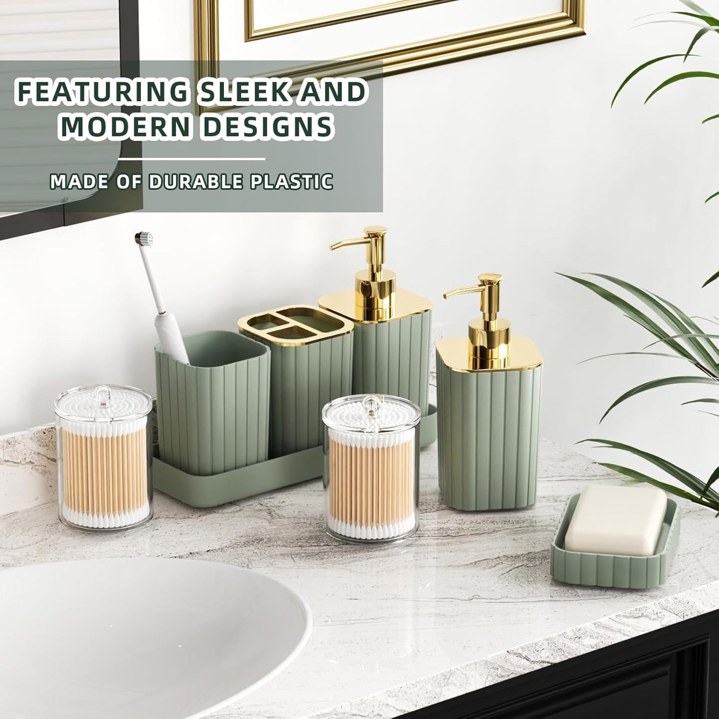 26PC Bathroom Accessories Set - Gorgeous Sage Green Bathroom Set, Bathroom Accessory Set, Shower Curtain Set with Bathtub Mats for Shower Tub, Trash Can & Soap Dispenser