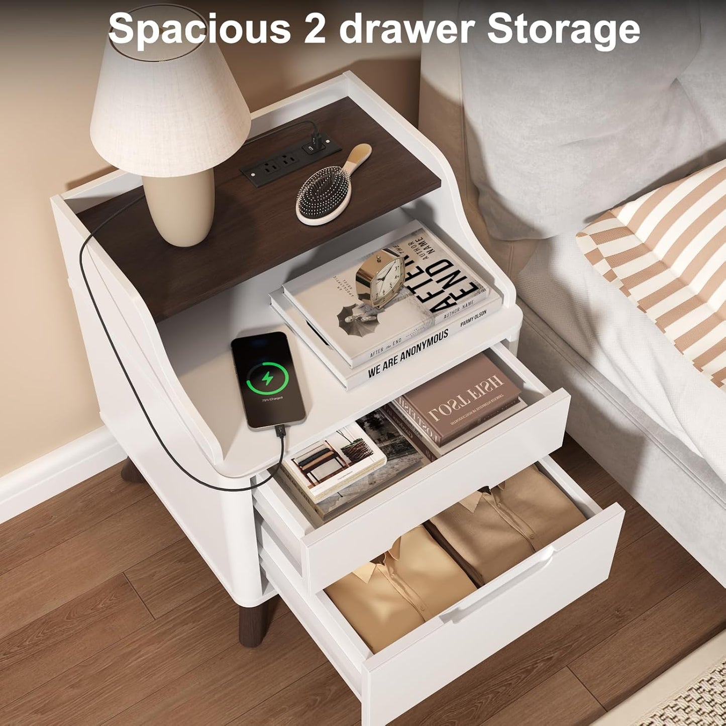Nightstand with Charging Station, 21" Tall Nightstand w/2 Storage Drawers, Wood Night Stand with Hidden Handle, 17'' Wide Modern Bedside Table for Bedroom, White