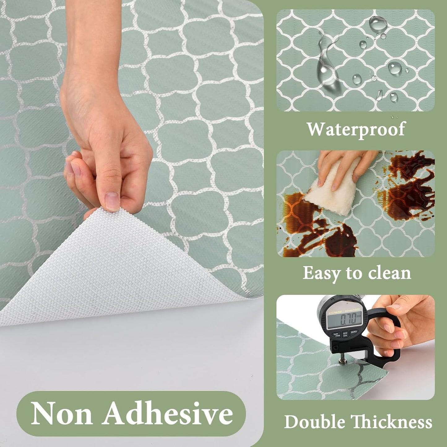 Shelf Liners for Kitchen Cabinets Non Adhesive Drawer Liner 17.5in x 20FT Light Green Quatrefoil Thickened Shelf Liner Strong Non-Slip Easy to Clean Tool Box Refrigerator with Knife and Tape Measure