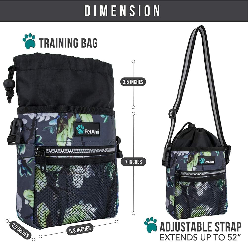 PetAmi Dog Treat Pouch, Pet Treat Pouch for Training, Dog Walking Bag Holder for Kibbles, Pet Food Toy, Dog Trainer Essentials Supplies, Poop Bag Dispenser, 3 Ways to Wear (Floral Grey)