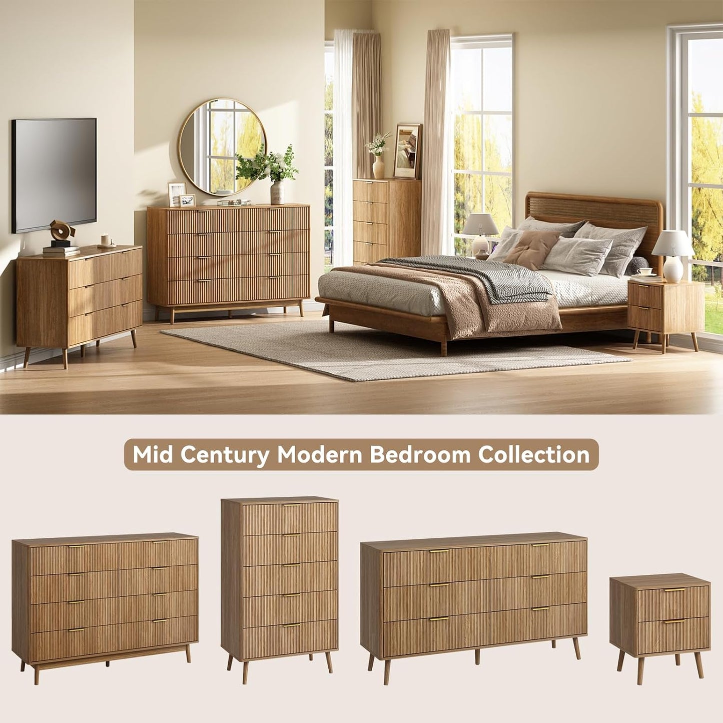 CARPETNAL Fluted Nightstand Set of 2, Walnut Bedside Table with 2 Drawers and Gold Handles, Wood End Table Mid Century Night Stands for Bedroom Living Room