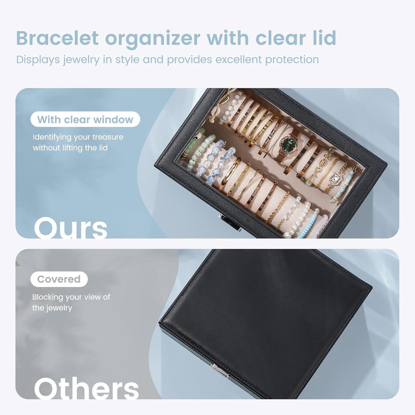 Lolalet Bracelet Display Holder with Rods for Bangles Watches, Clear Lid Jewelry Organizer Box Storage Case for Women Girls -Black