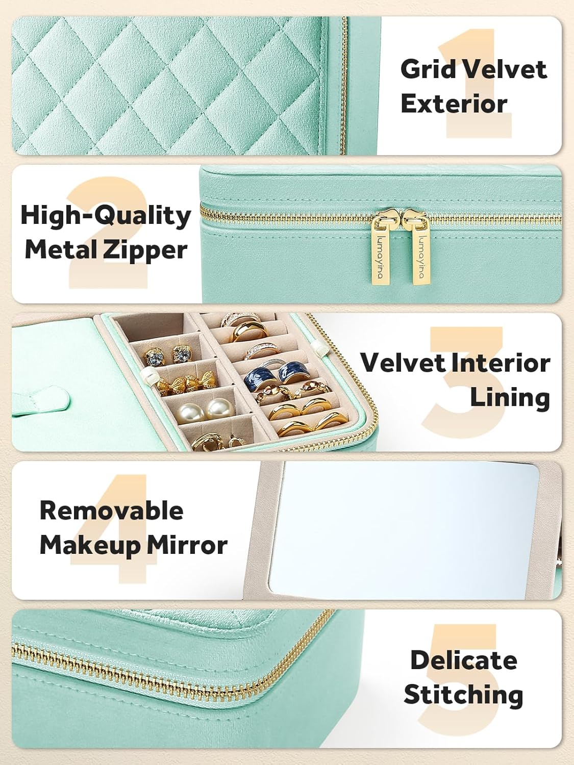 Velvet Travel Jewelry Box with Large Mirror, Double-Layer Jewelry Organizer Case for Women and Girls, Portable Storage Case with 6 Anti-Tarnish Bags Gift Ready for Her (Mint Green)
