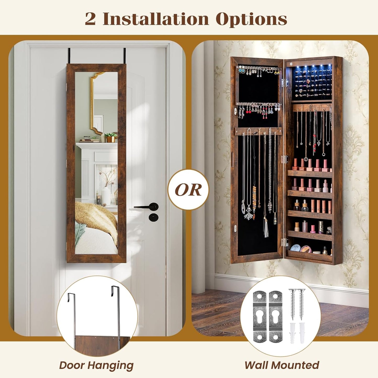 Giantex Wall or Door Mounted Jewelry Cabinet with Full Length Mirror, Over The Door Jewelry Armoire Organizer with Lights, Large Storage with Necklace Hooks, Earring Slots & Shelves (Rustic Brown)